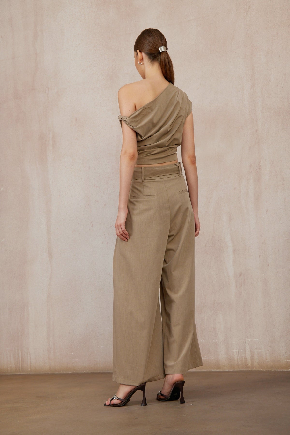 Frannie Khaki One Shoulder Top & Belted Trousers Set