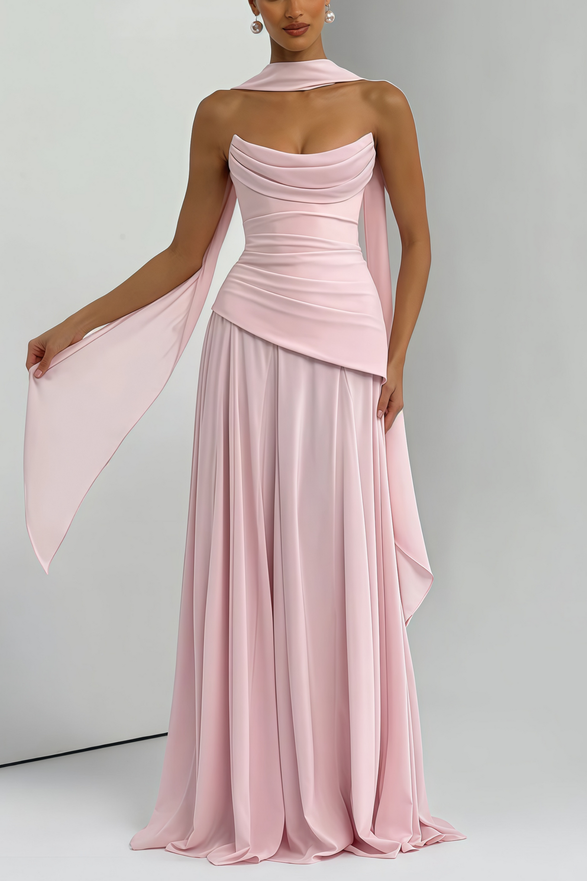 Romane Pink Strapless Corset Chiffon Maxi Dress