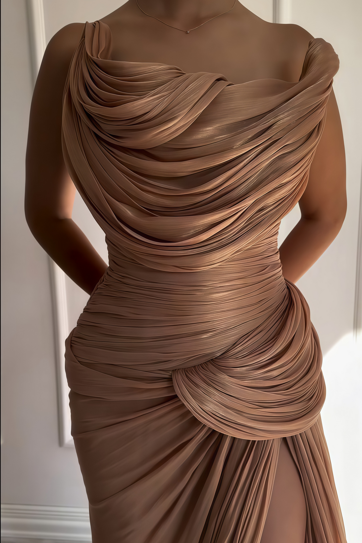 Gelsomina Gold Asymmetrical Glossy Gathered Maxi Dress