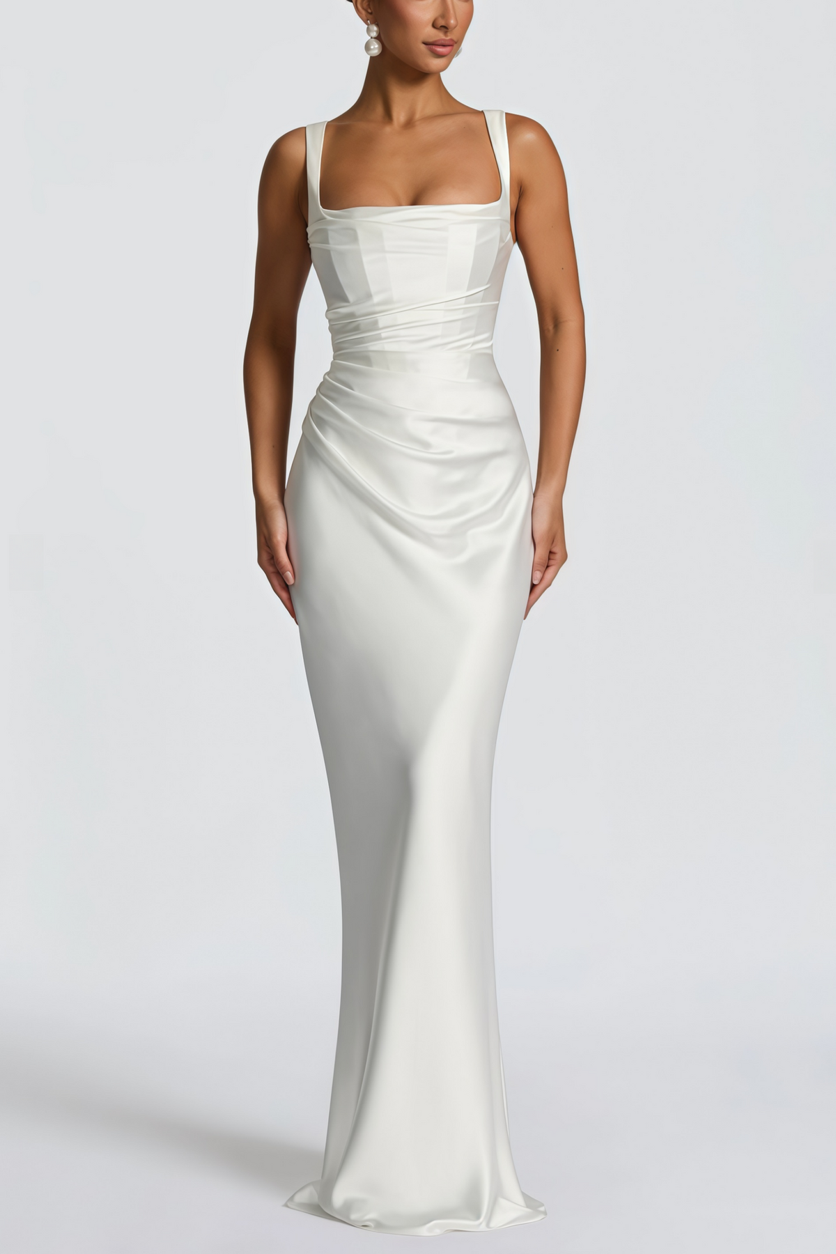 Inmaculada White Ruched Satin Maxi Dress (Final Sale-US Only)