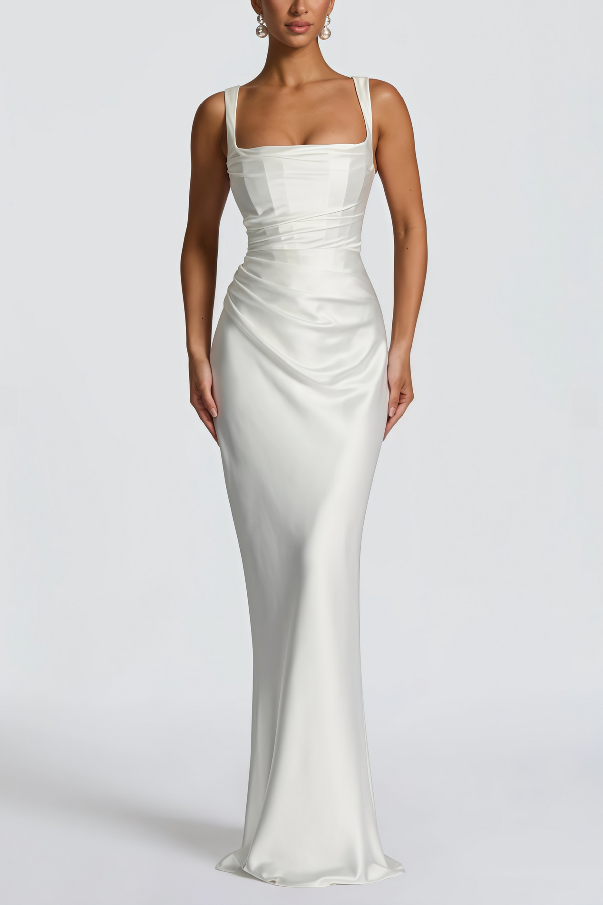 Inmaculada White Ruched Satin Maxi Dress (Without Gloves) (Final Sale-US Only)