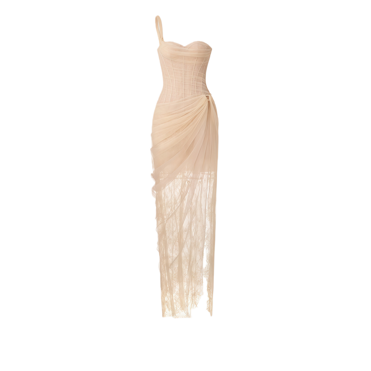 Juno Neutral Pleated Mesh Midi Dress