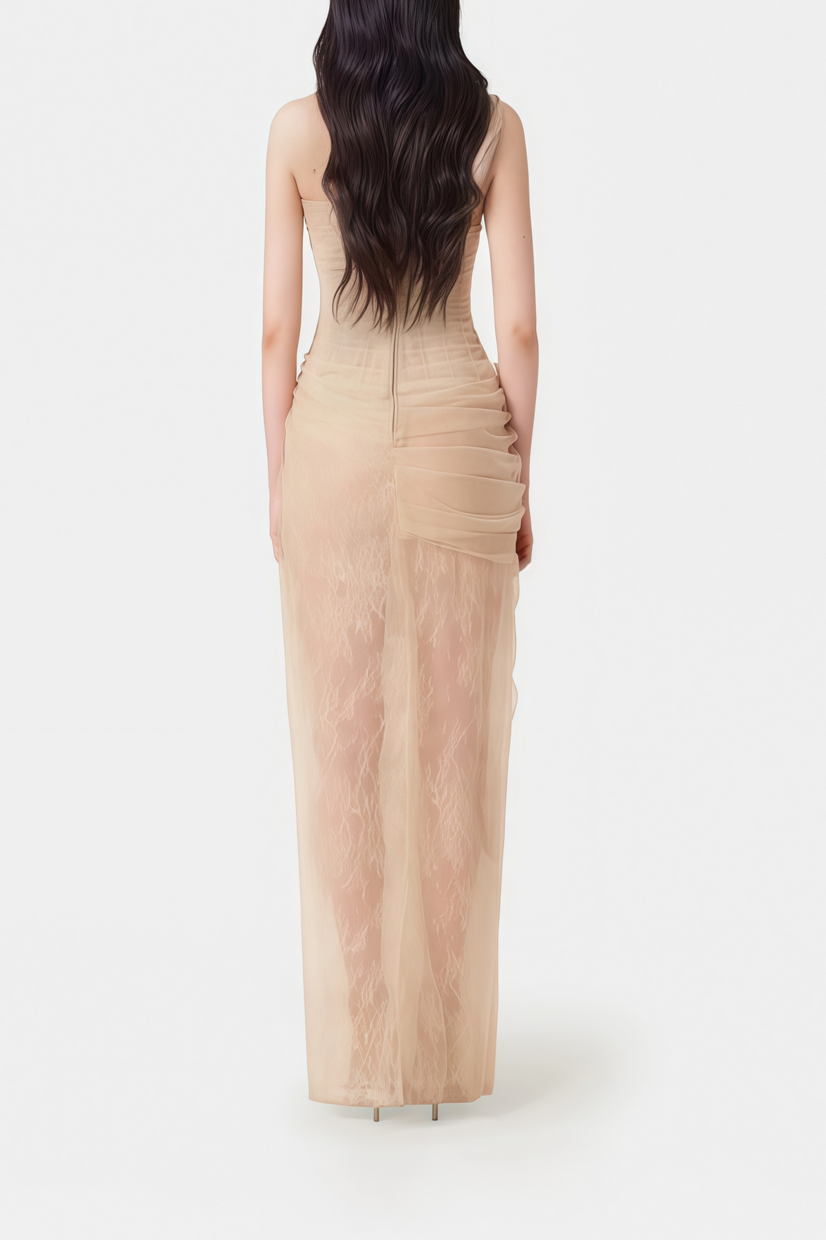 Juno Neutral Pleated Mesh Midi Dress