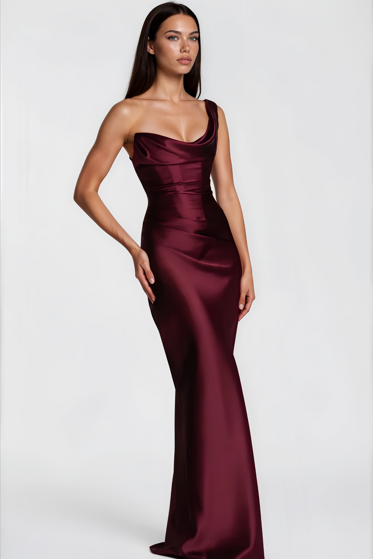 Hannah Burgundy One Shoulder Satin Maxi Dress (Final Sale-US Only)