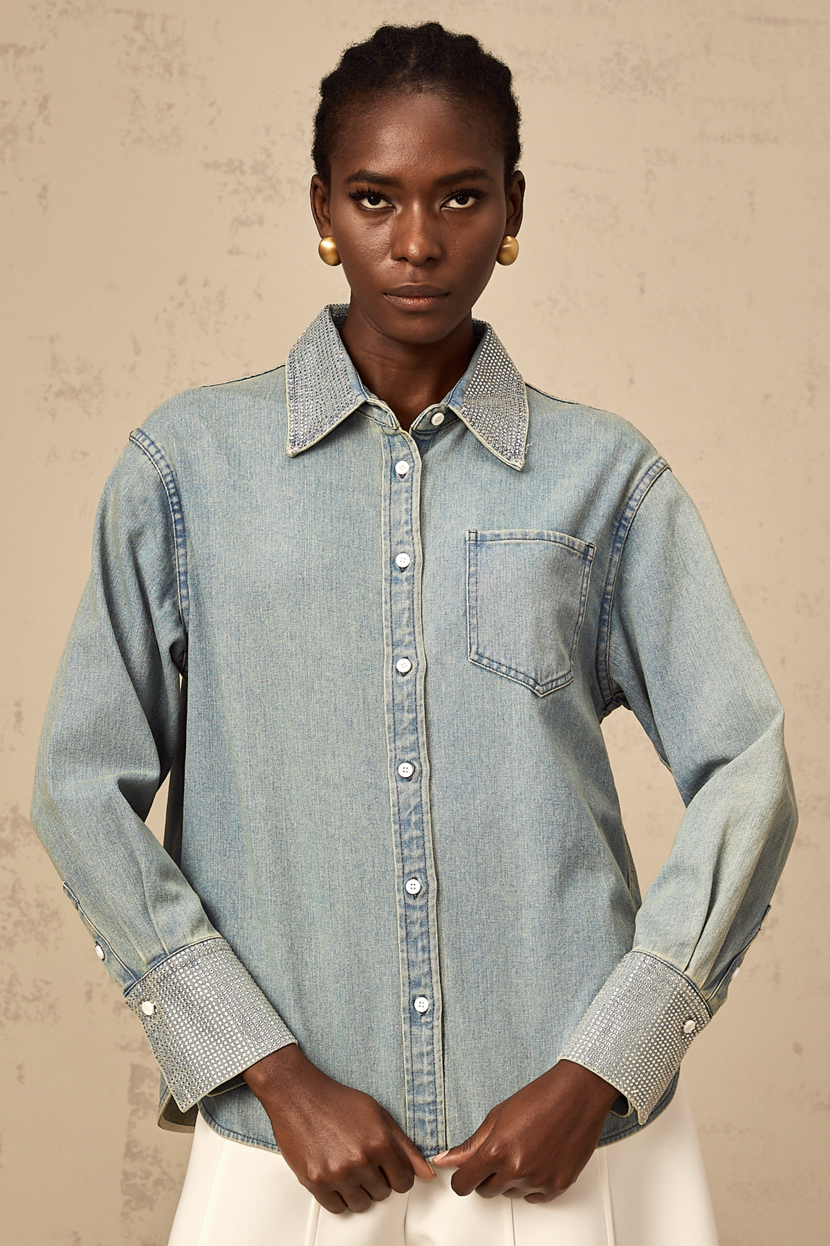 Flavie blue rhinestone-embellished denim shirt