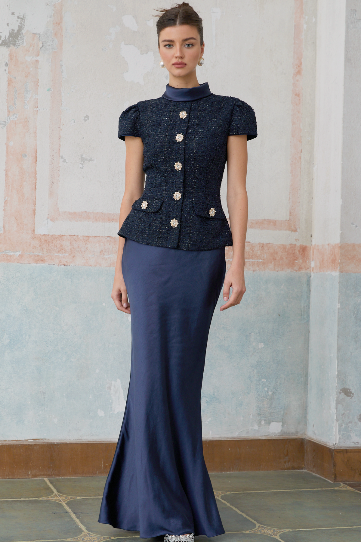 Josette blue peplum-waist panelled maxi dress