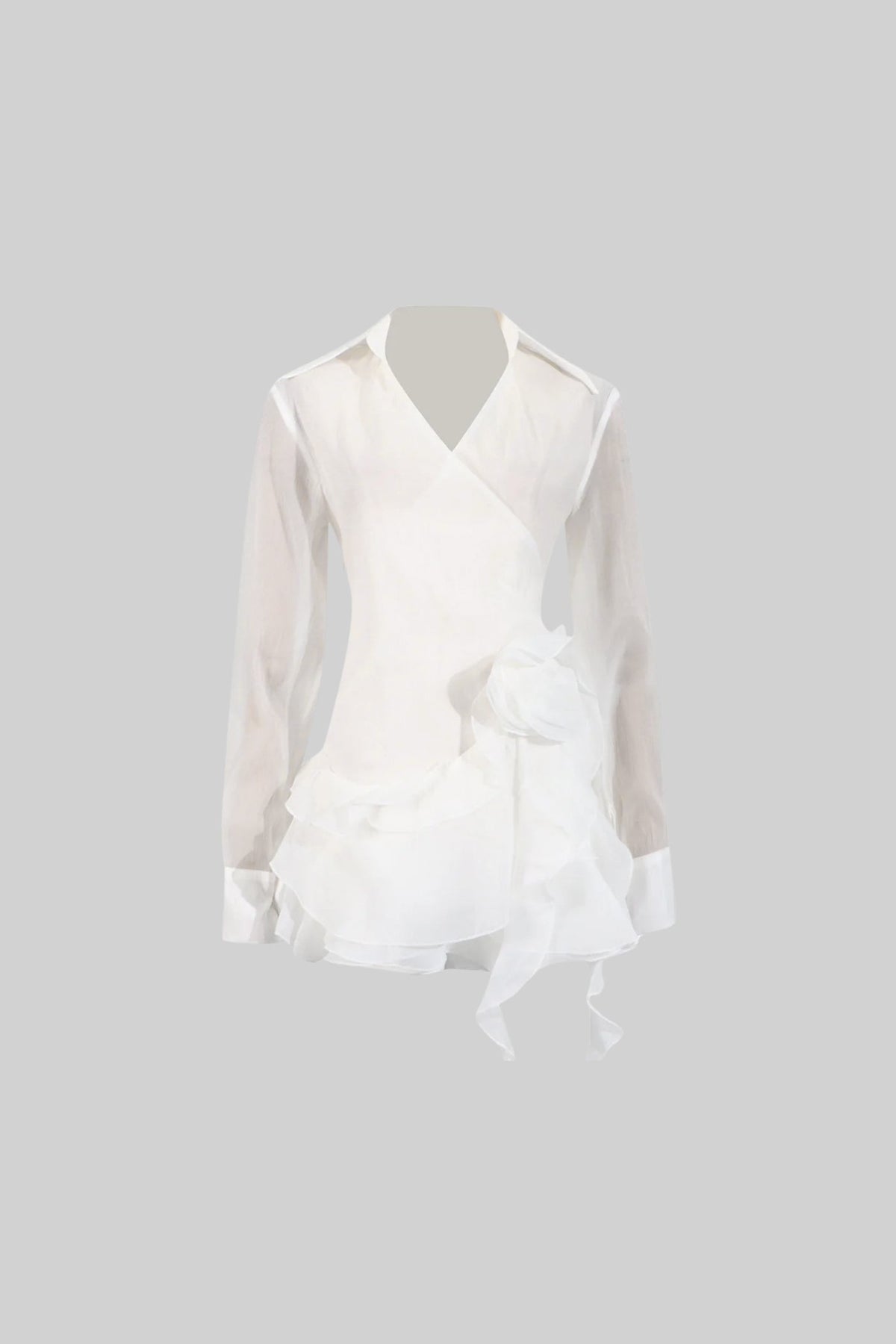 Elegant Dress With Sheer Long Sleeves, Deep V-Neckline And Ruffled Layering - White