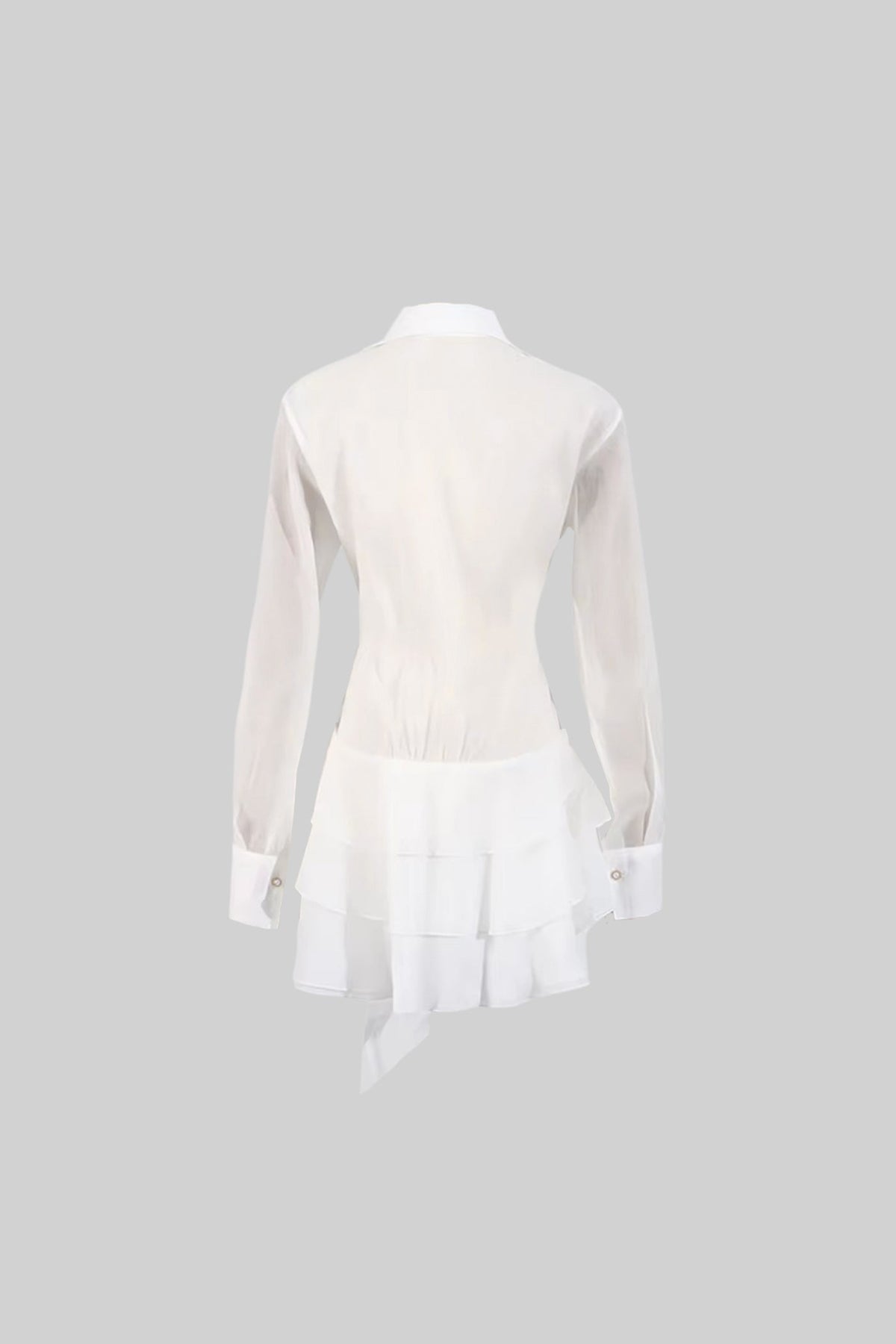 Elegant Dress With Sheer Long Sleeves, Deep V-Neckline And Ruffled Layering - White