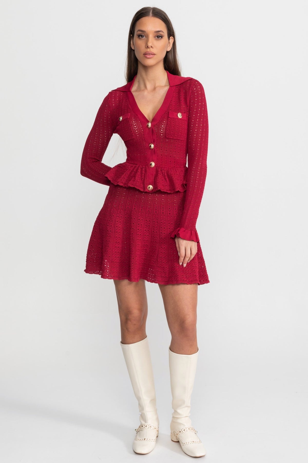 Pointelle Knit Mini Dress with Peplum Hem – Dark Red