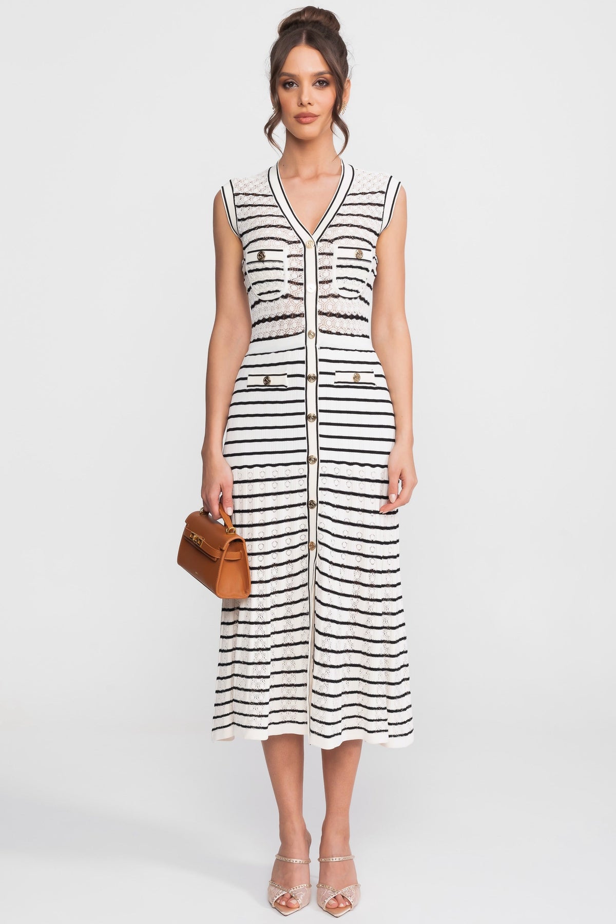 Striped Sleeveless Knit Midi Dress With V-Neck And Gold Buttons - White/Black