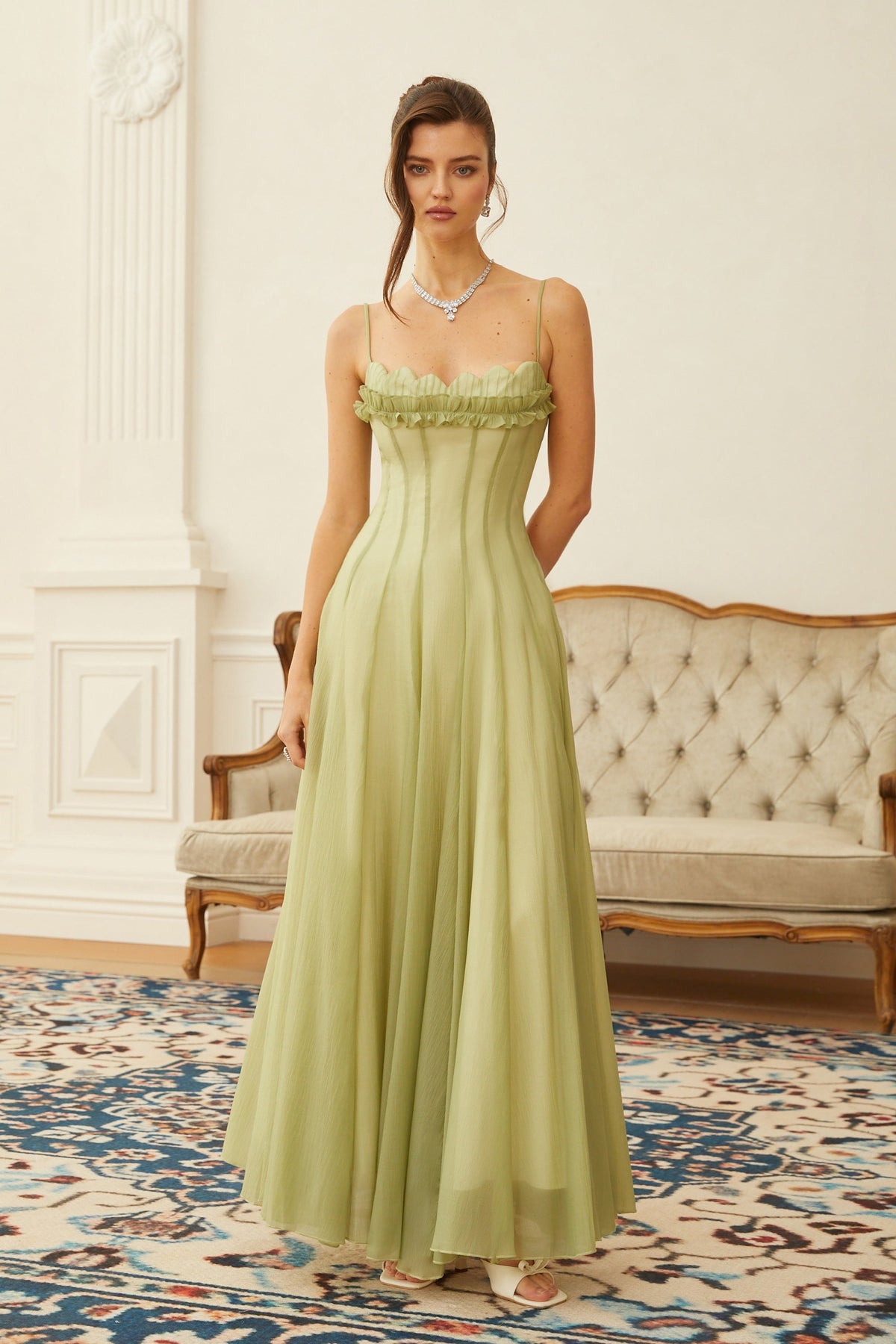 Seraphina Ruffled Shirred Tulle Maxi Dress