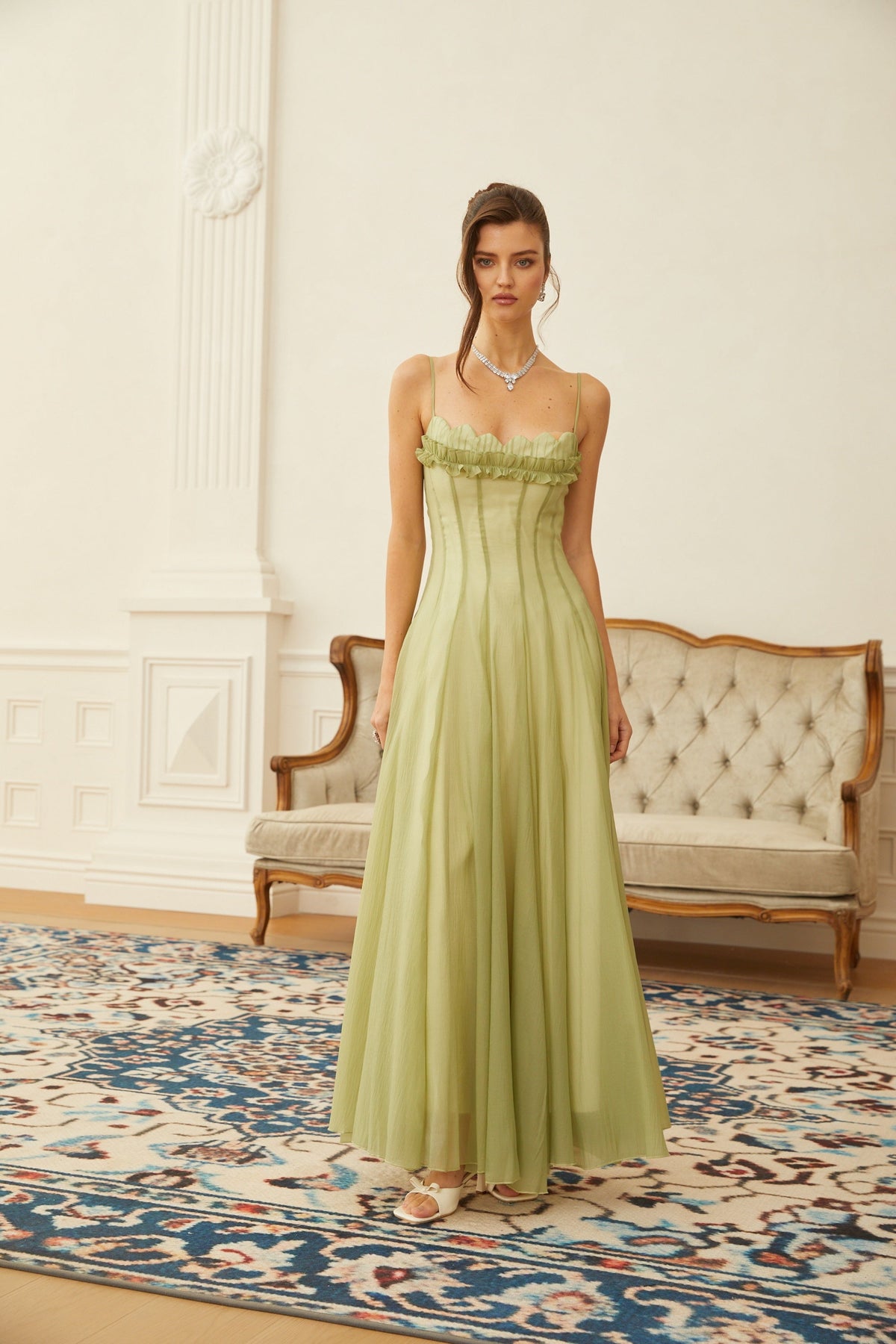 Seraphina Ruffled Shirred Tulle Maxi Dress