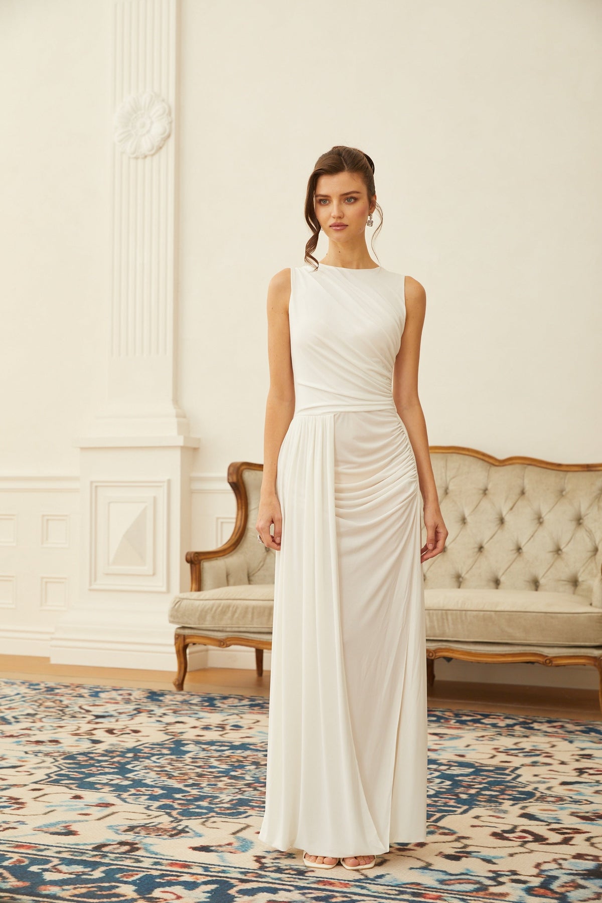 Willow White High Slit Gathered Maxi Dress