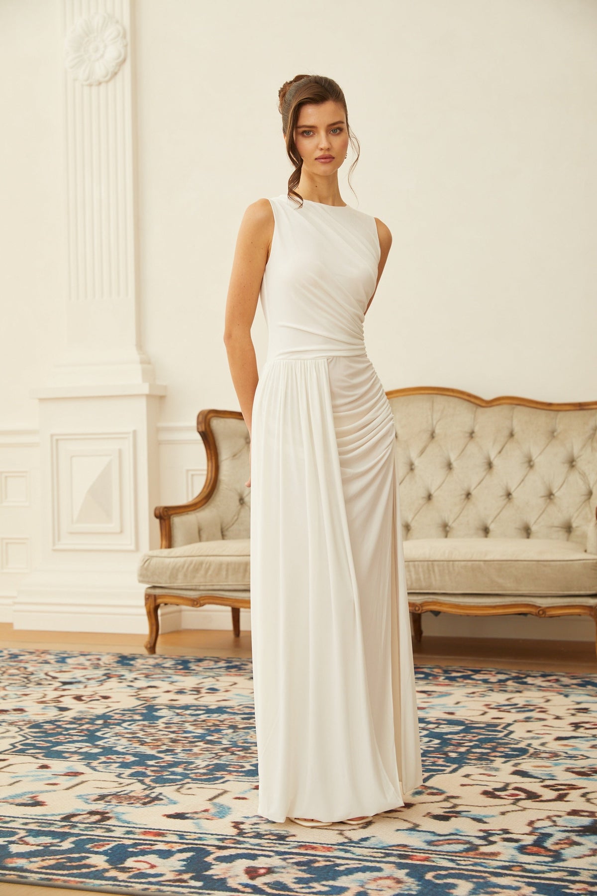 Willow White High Slit Gathered Maxi Dress