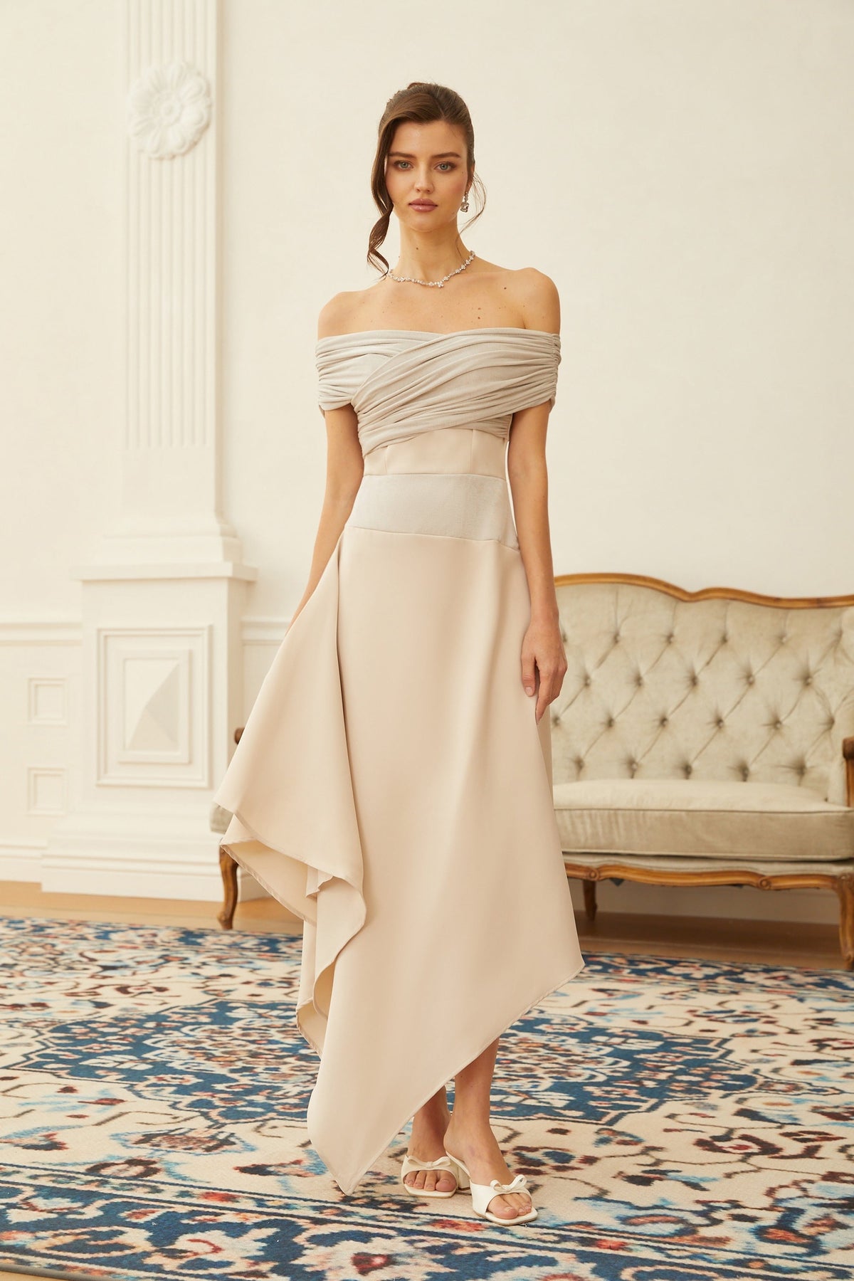 Aigline Neutral Asymmetrical Ruched Midi Dress
