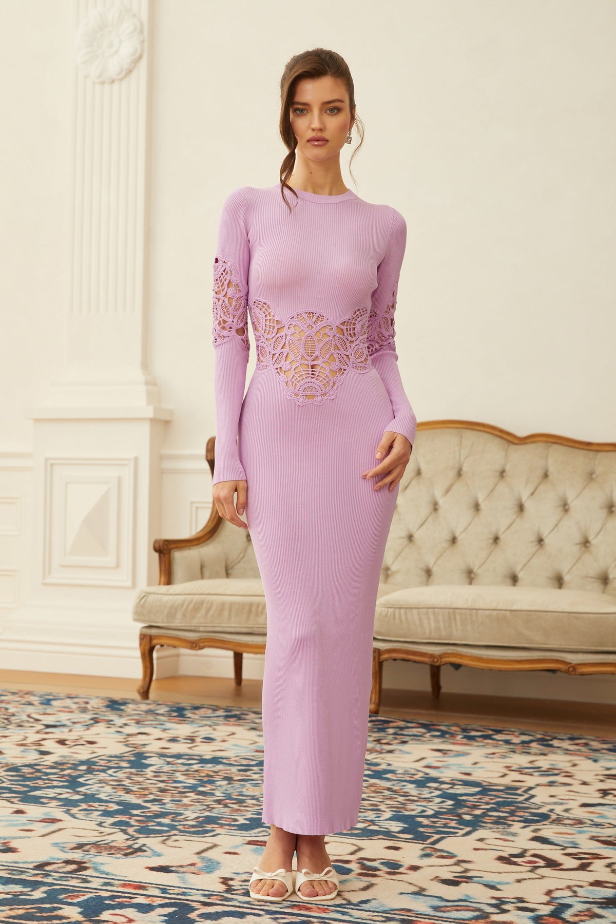 Amanda Purple Lace Panel Ribbed Knit Maxi Dress