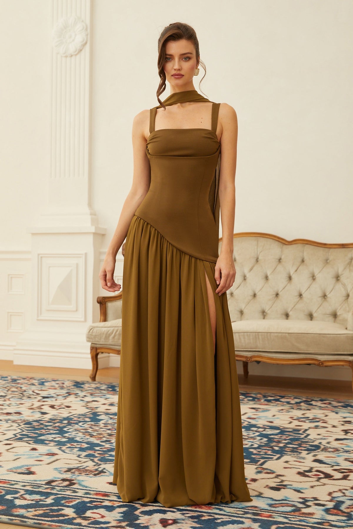 Sidonie Atrovirens Asymmetrical Maxi Gown (Without Gloves)