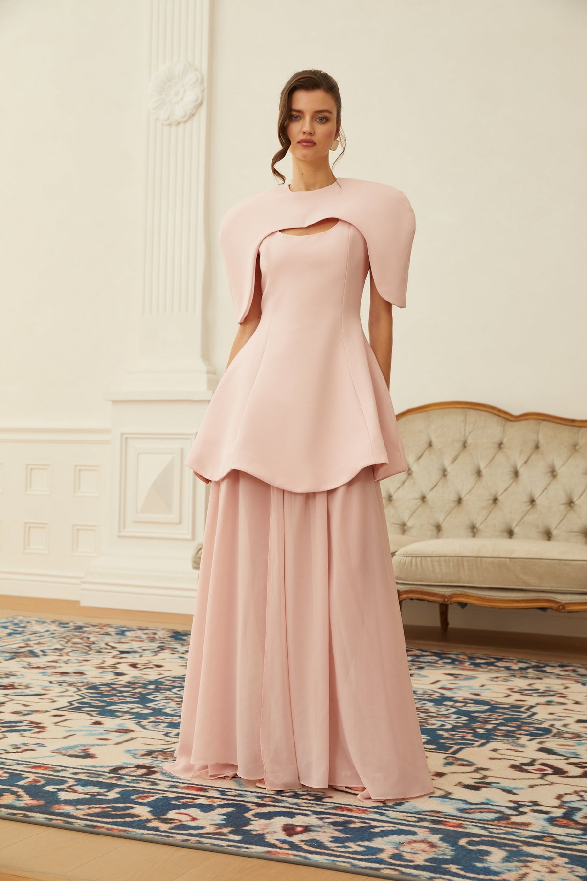 Auriane Pink Layered Cape Sculptural Maxi Dress Set