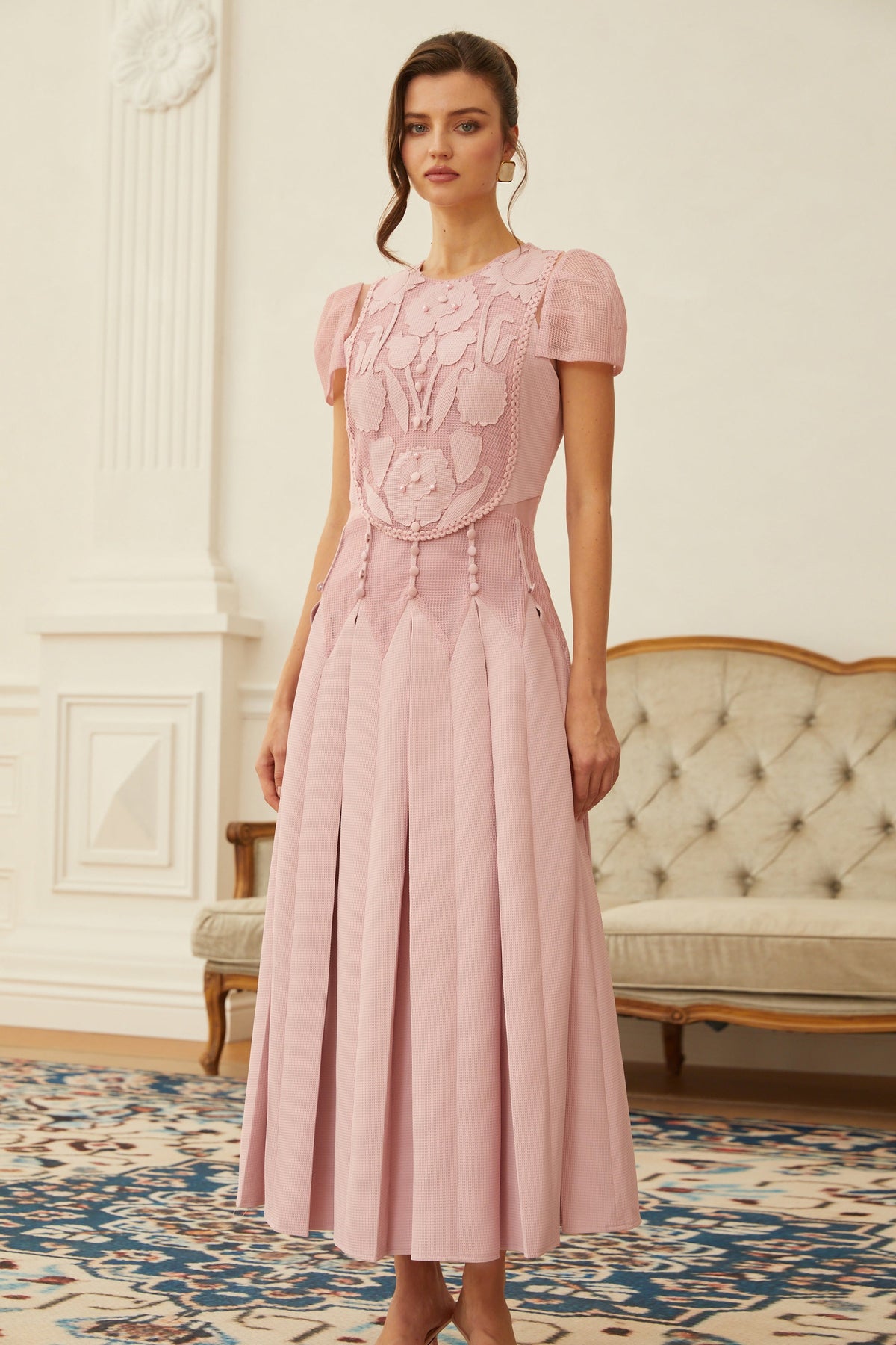 Maelle Pink Flower Embroidered Maxi Dress