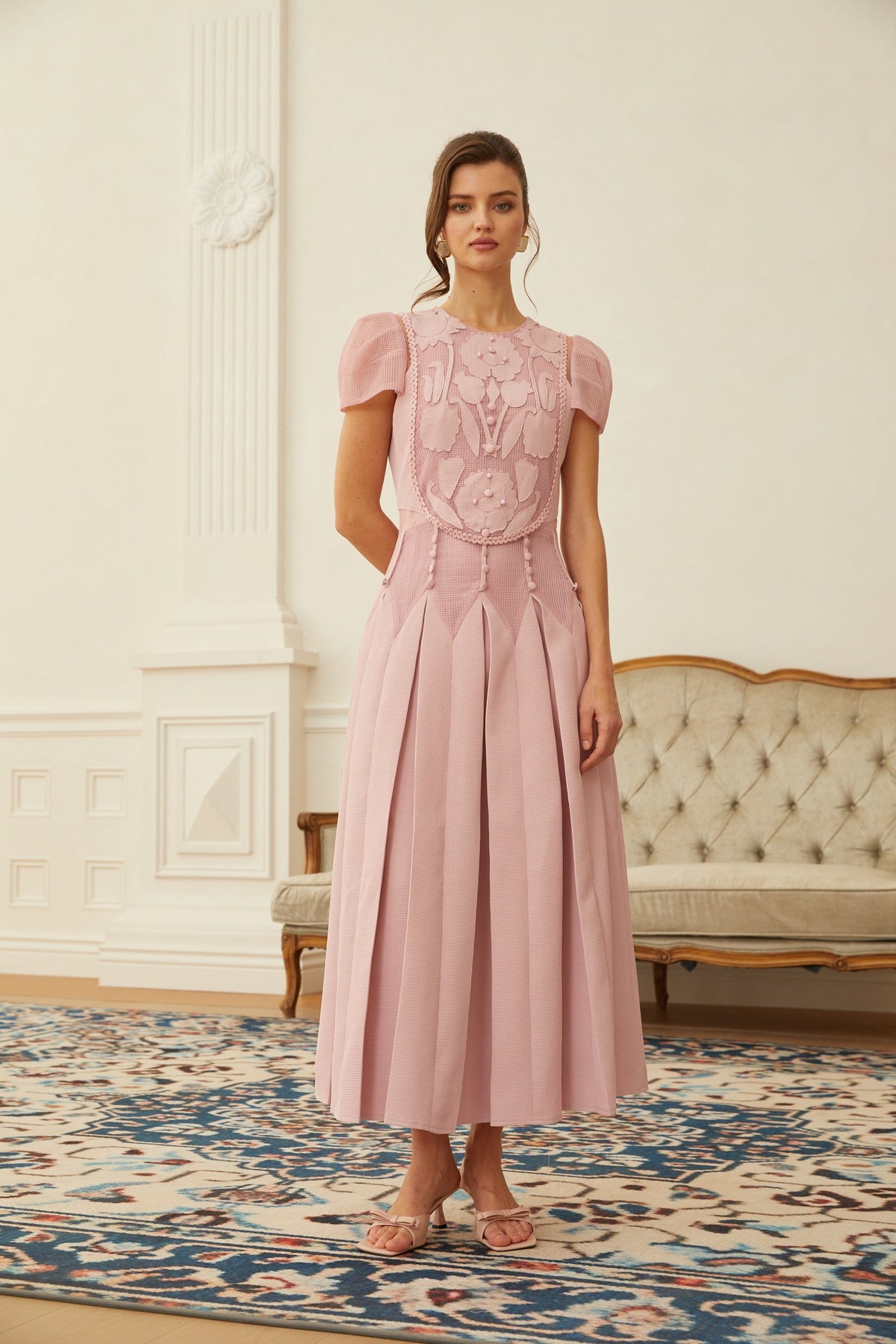 Maelle Pink Flower Embroidered Maxi Dress