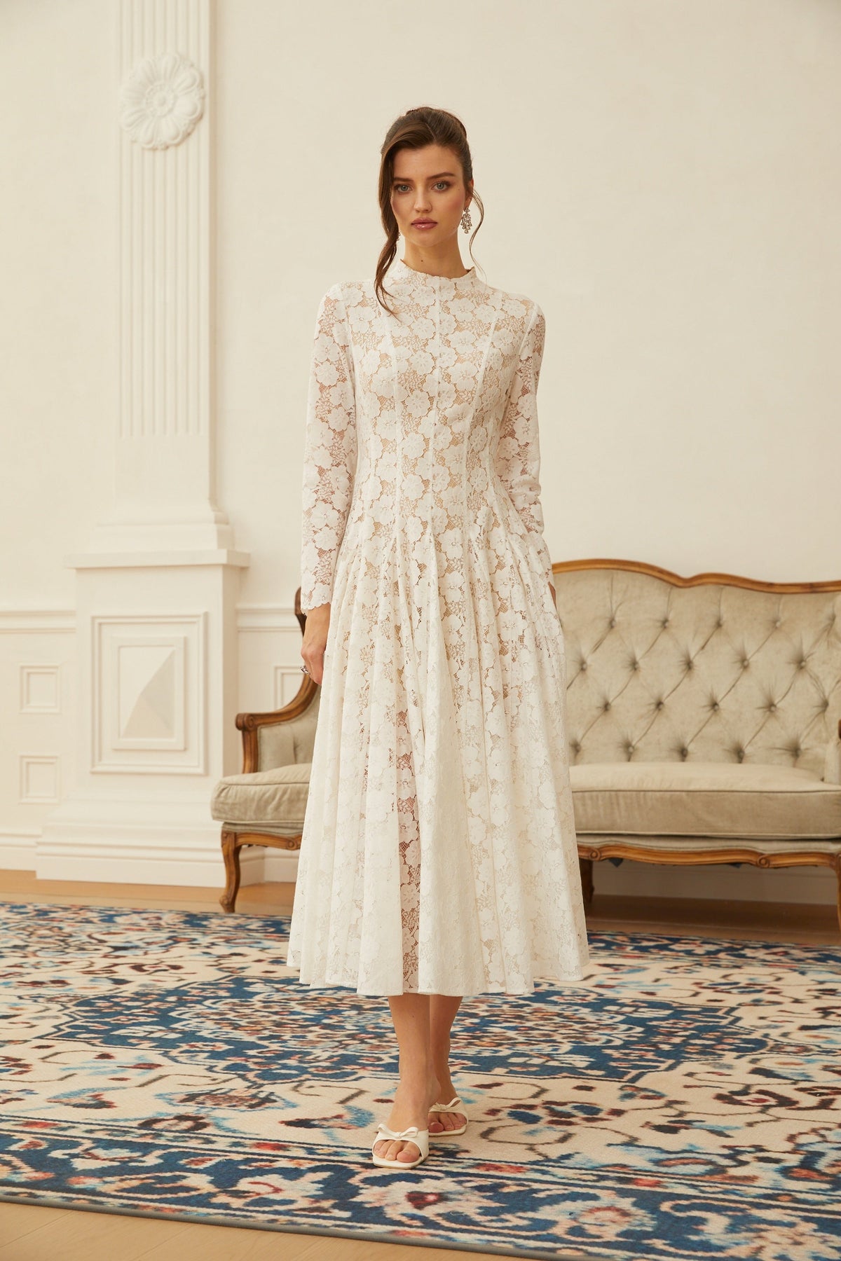 Bronte White Pleated Floral Lace Midi Dress