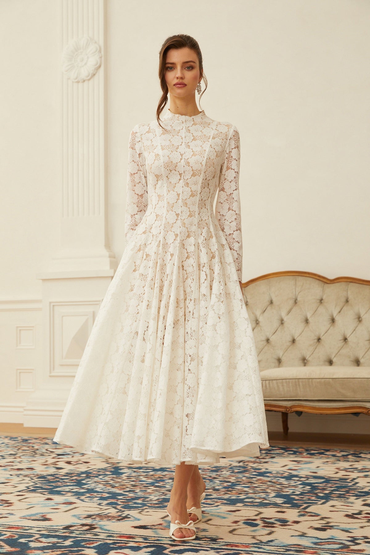 Bronte White Pleated Floral Lace Midi Dress