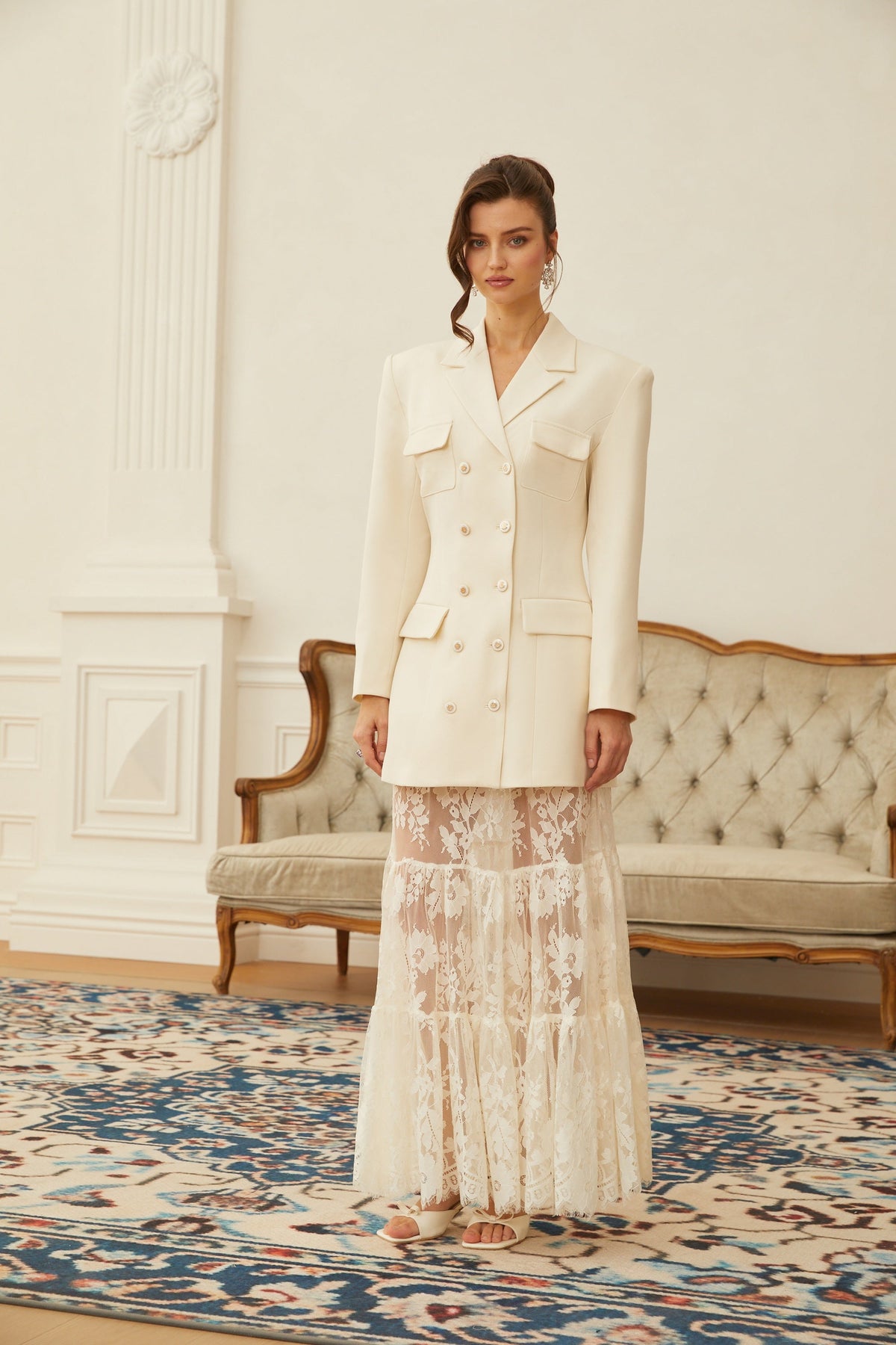 Liliana White Double-Breasted Blazer & Lace Skirt Set