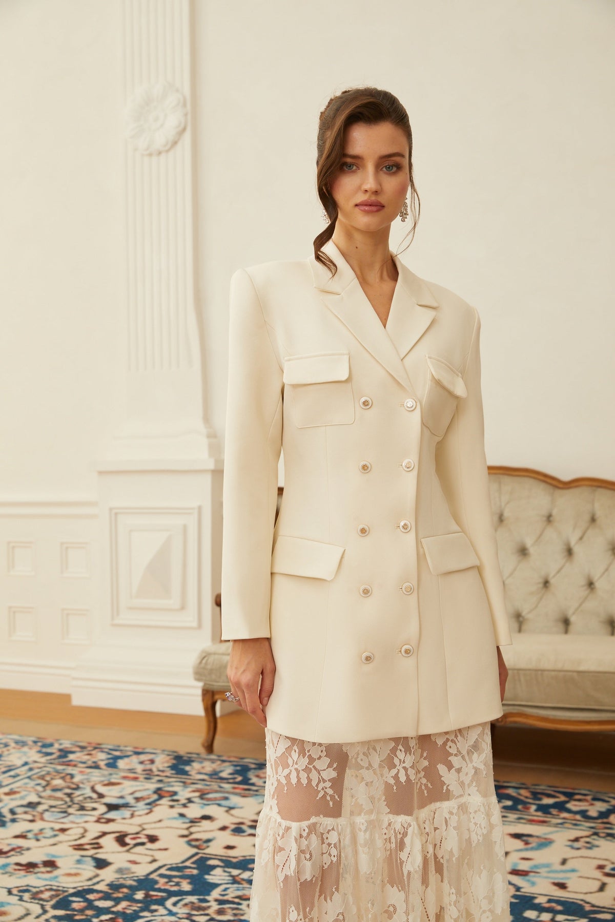 Liliana White Double-Breasted Blazer & Lace Skirt Set