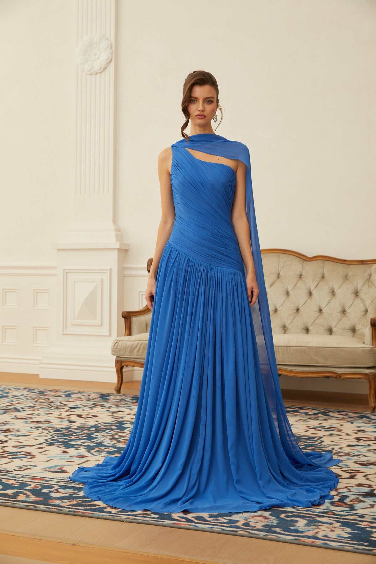Faustine Blue Cape Design Ruched Maxi Dress (Final Sale-US Only)