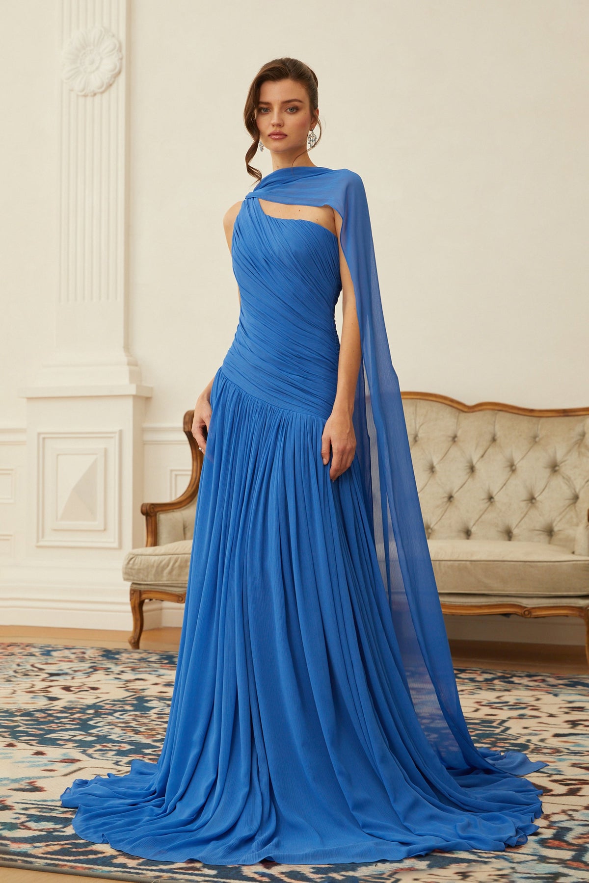 Faustine Blue Cape Design Ruched Maxi Dress