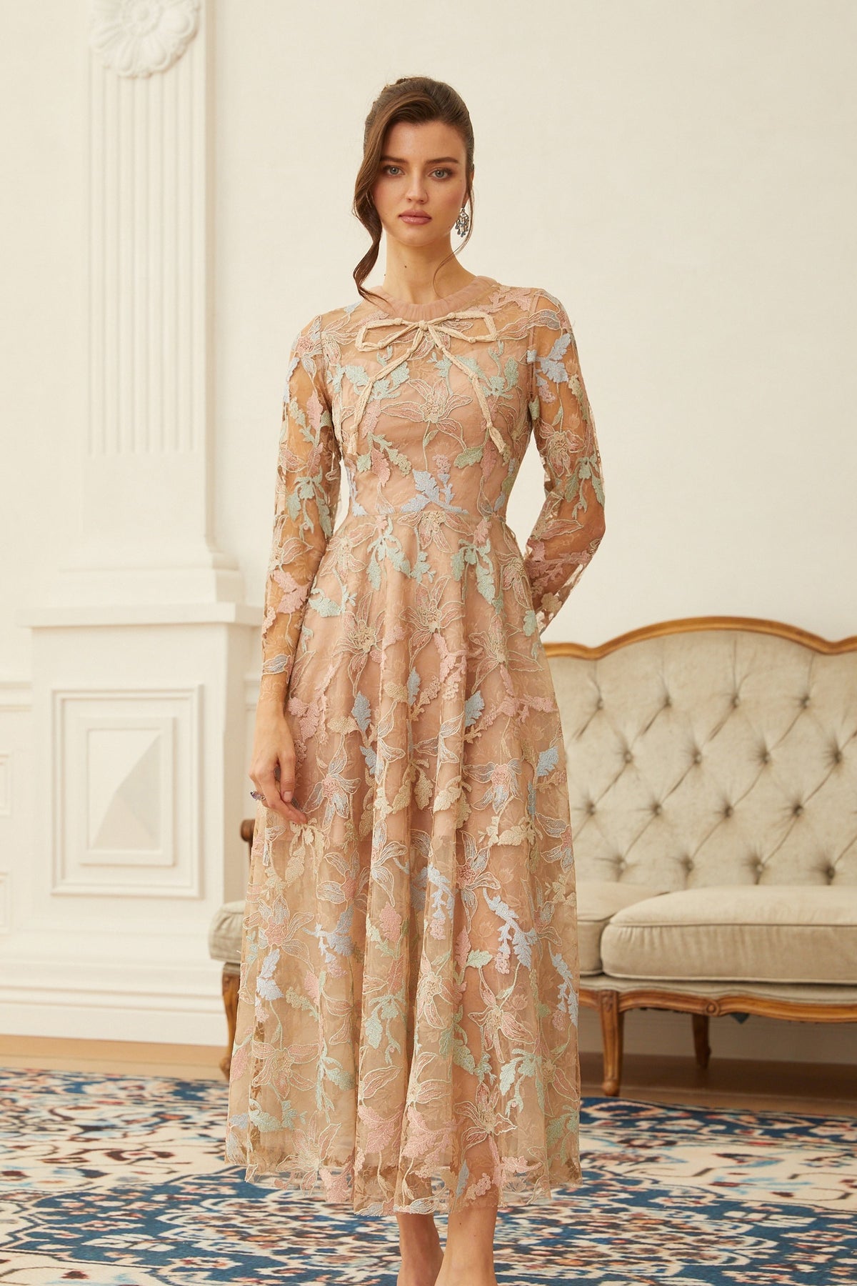 Ragnfrid Neutral Floral Jacquard Lace Midi Dress