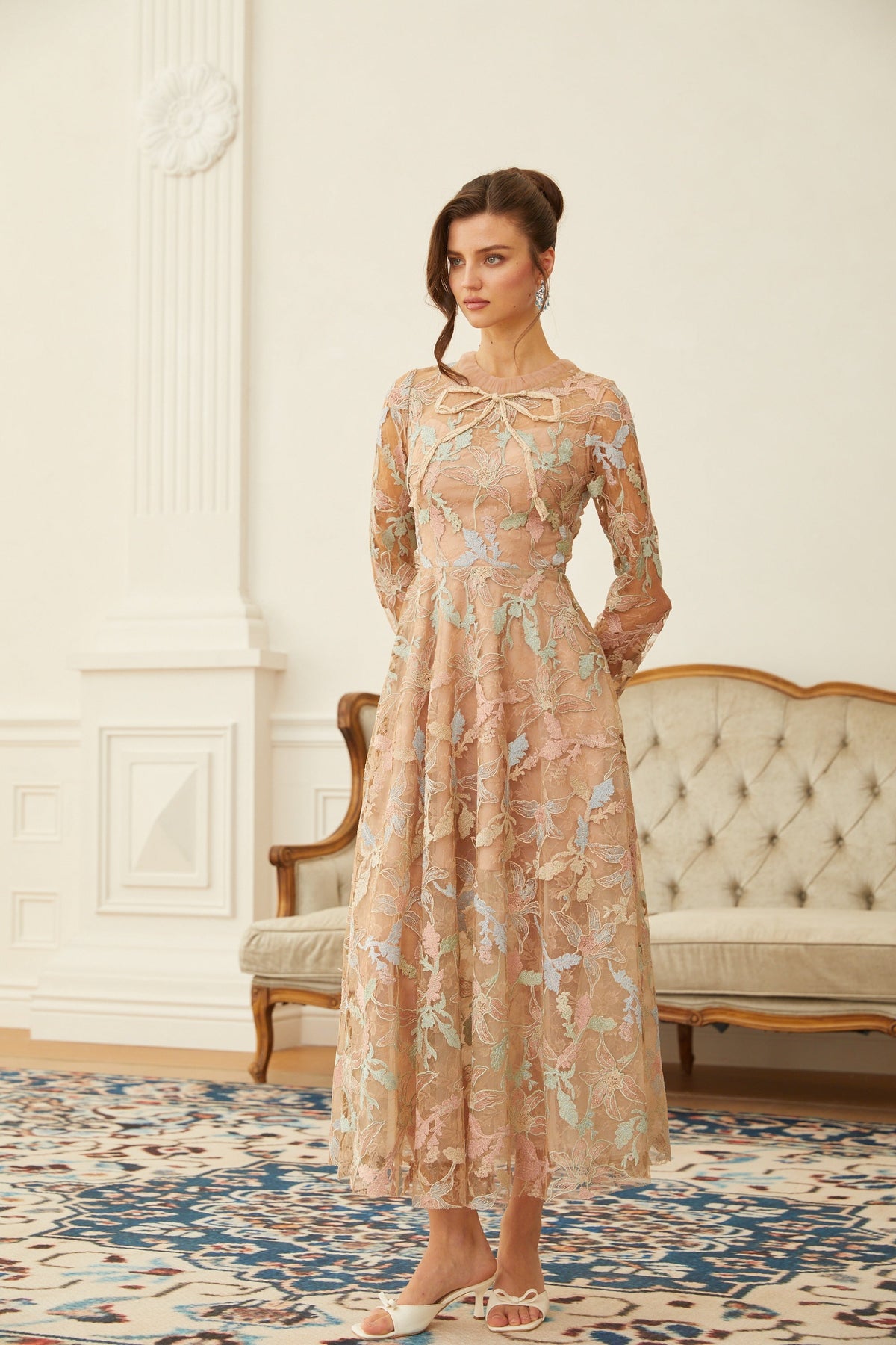 Ragnfrid Neutral Floral Jacquard Lace Midi Dress (Final Sale)