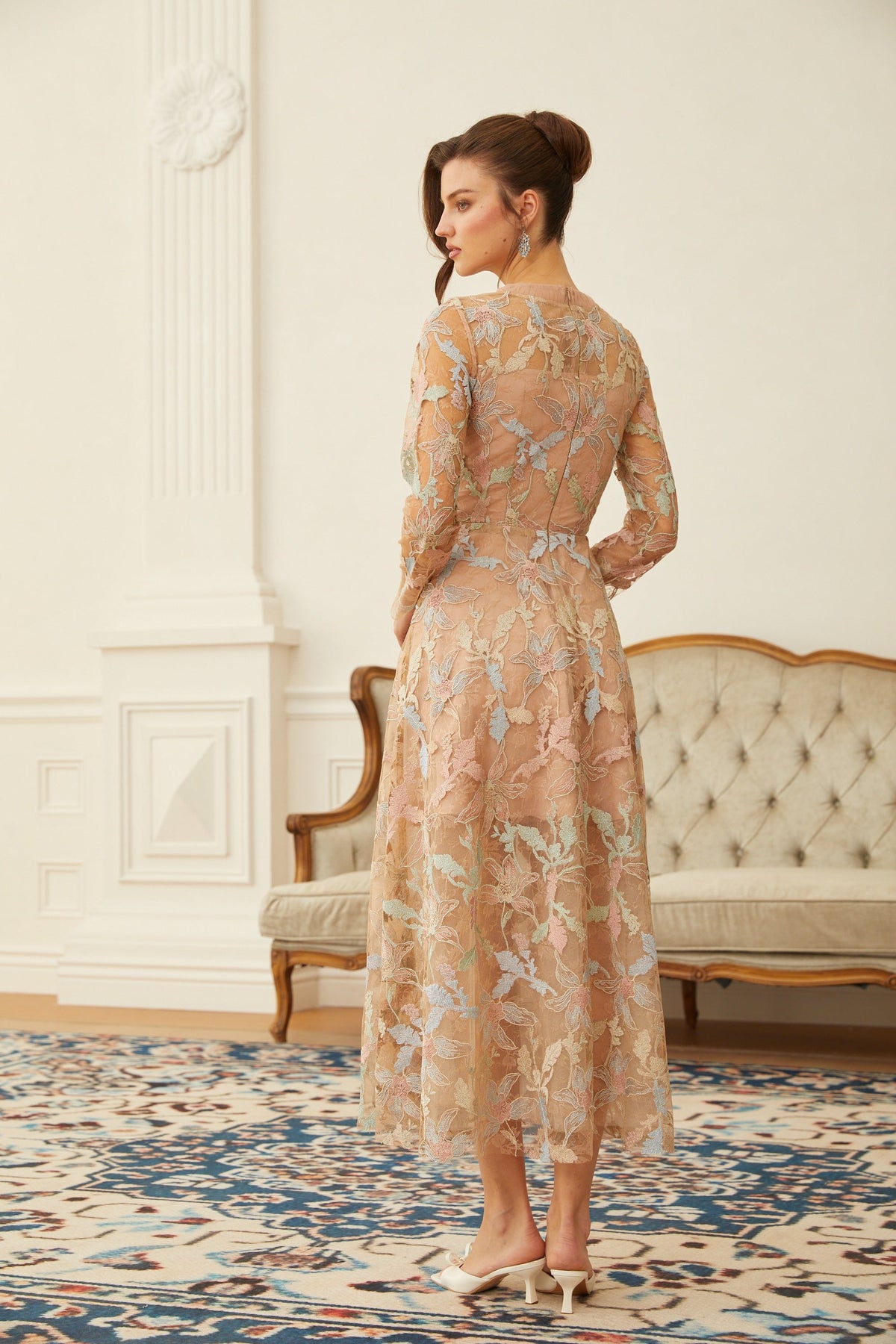 Ragnfrid Neutral Floral Jacquard Lace Midi Dress