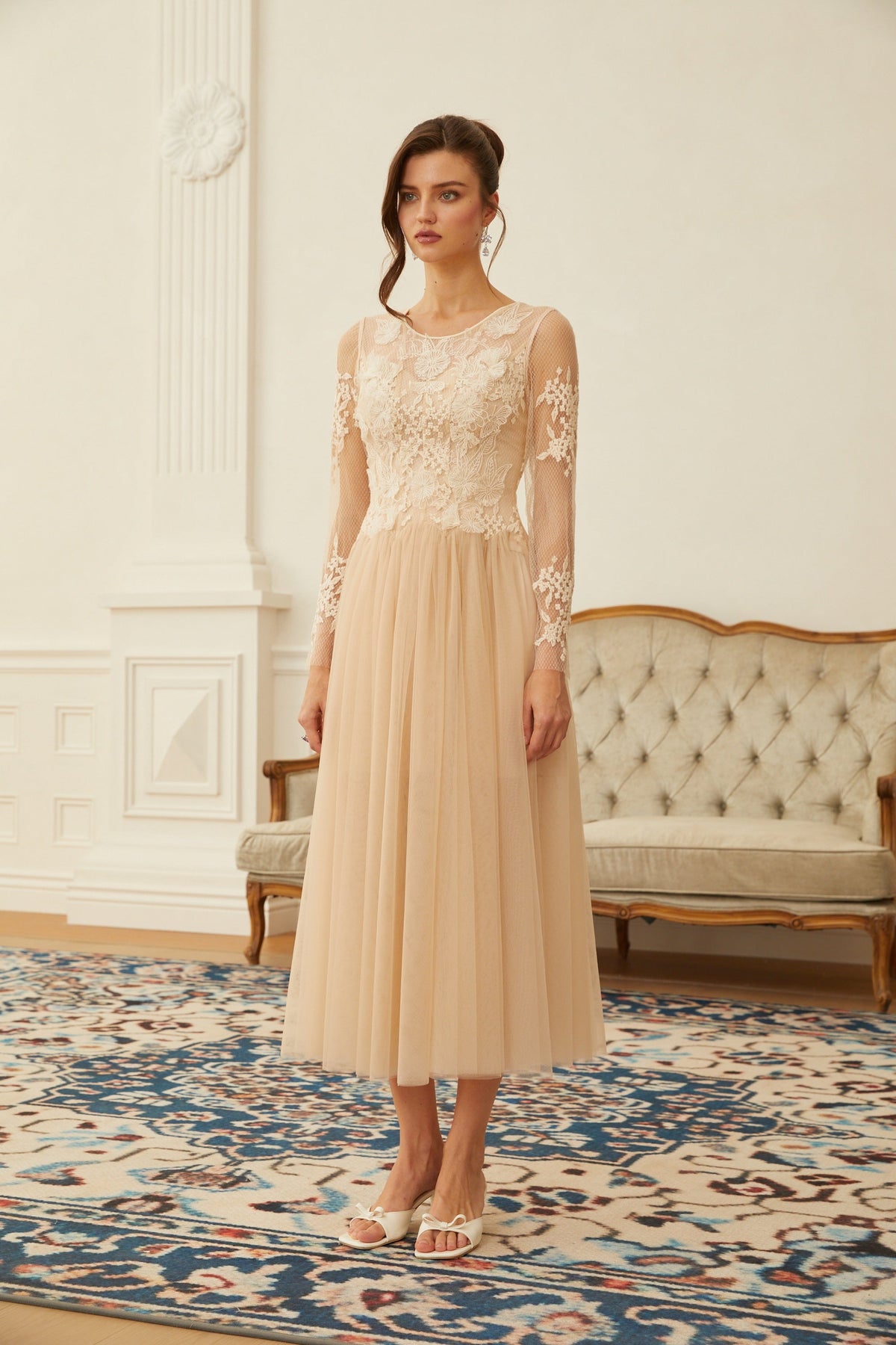 Aviana  Neutral Lace Panel Tulle Midi Dress (Final Sale)