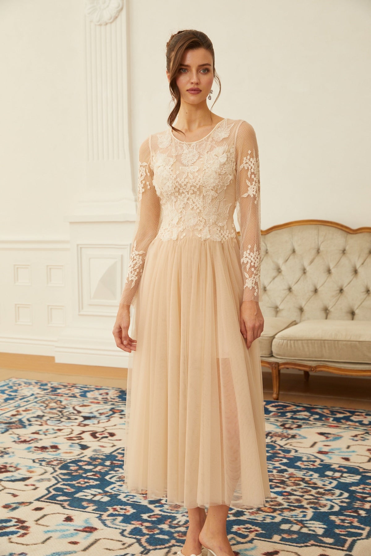 Aviana  Neutral Lace Panel Tulle Midi Dress (Final Sale)