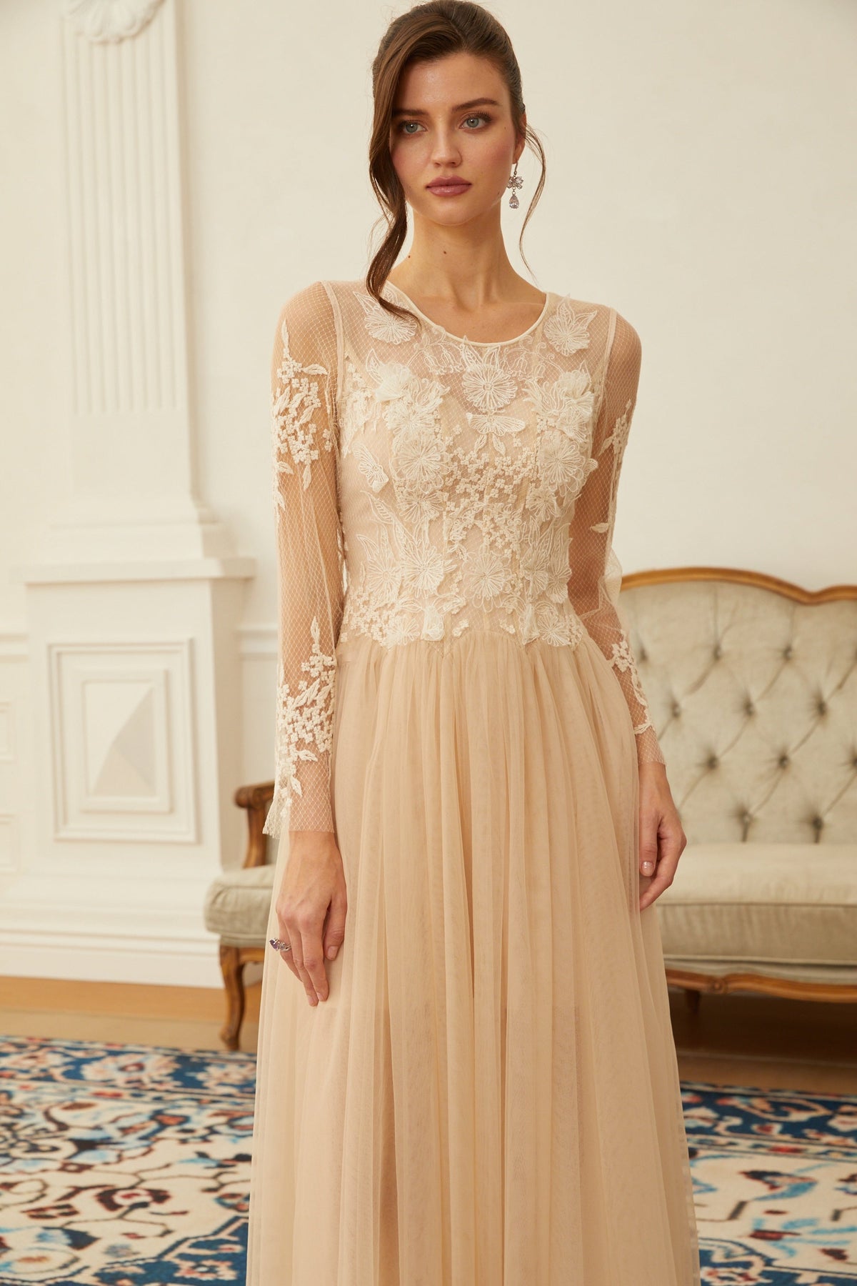 Aviana  Neutral Lace Panel Tulle Midi Dress (Final Sale)