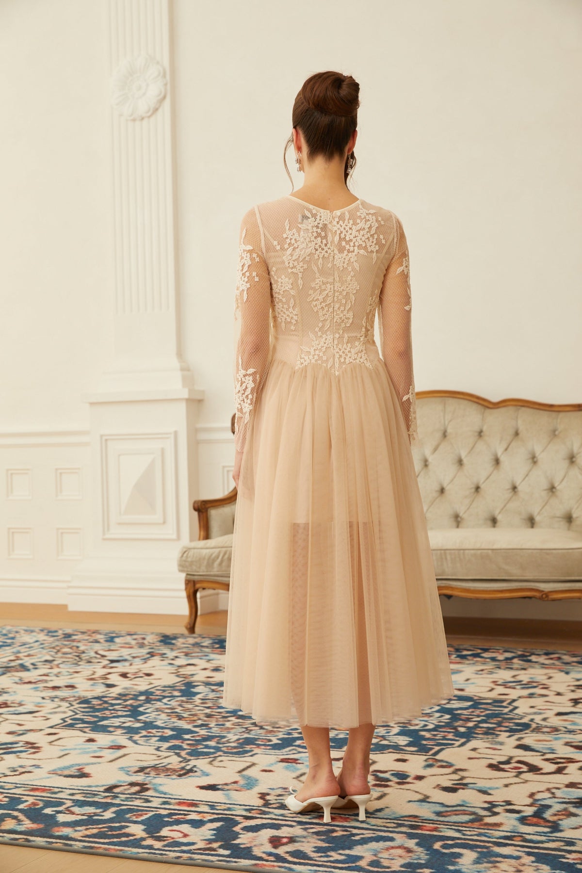 Aviana  Neutral Lace Panel Tulle Midi Dress (Final Sale)