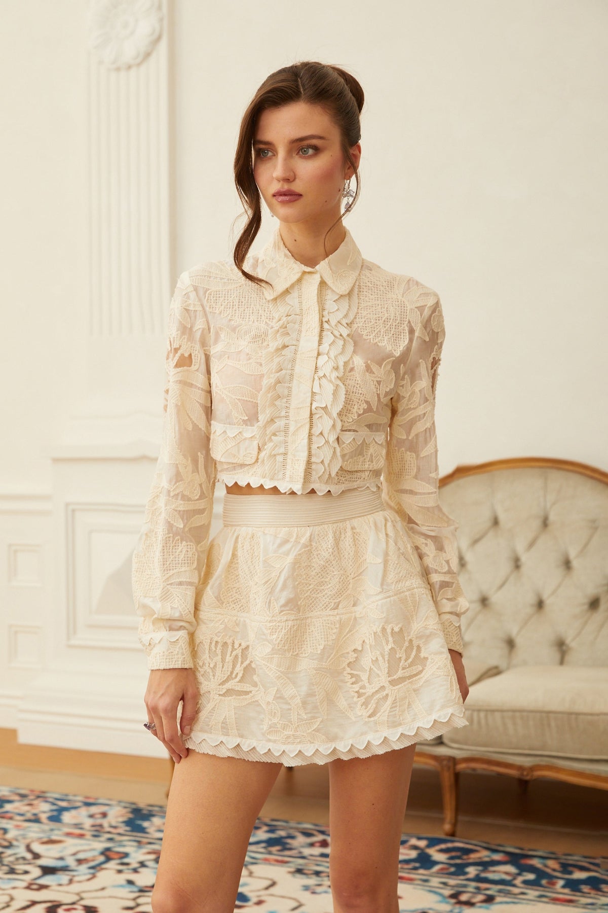 Rhea Neutral Crochet Floral Shirt & Skirt Set