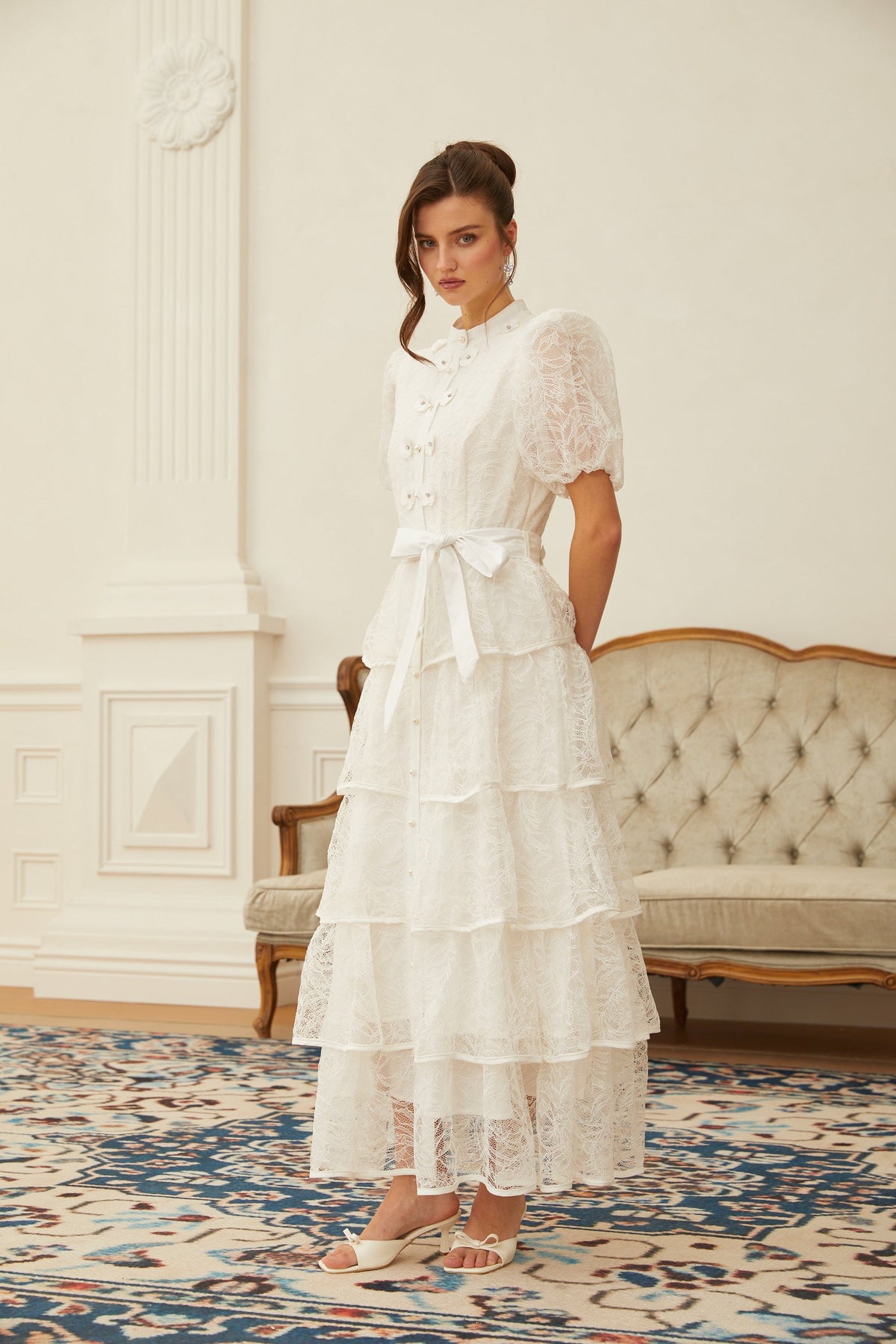 Verity White Floral Lace Tiered Maxi Dress