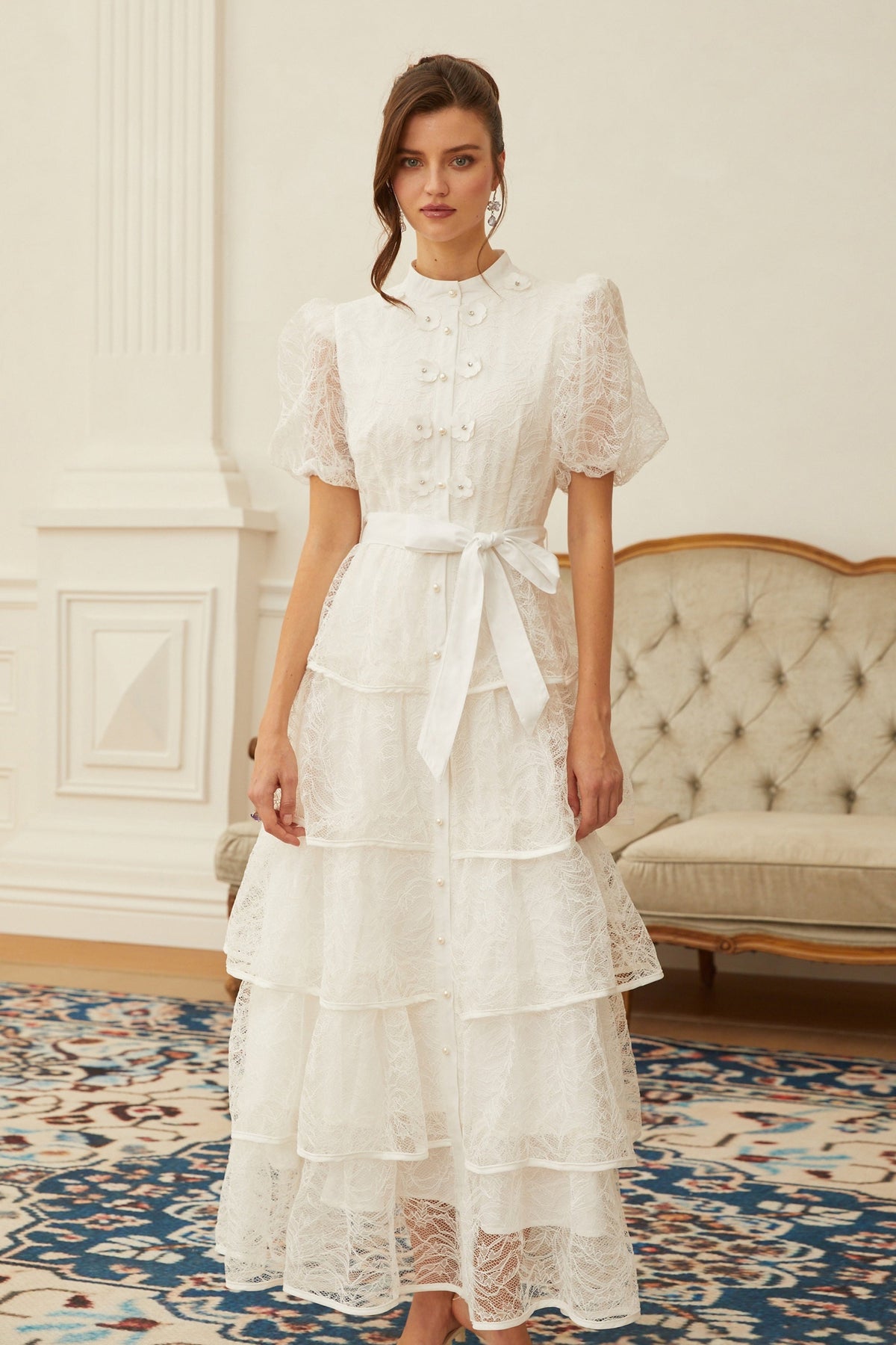 Verity White Floral Lace Tiered Maxi Dress