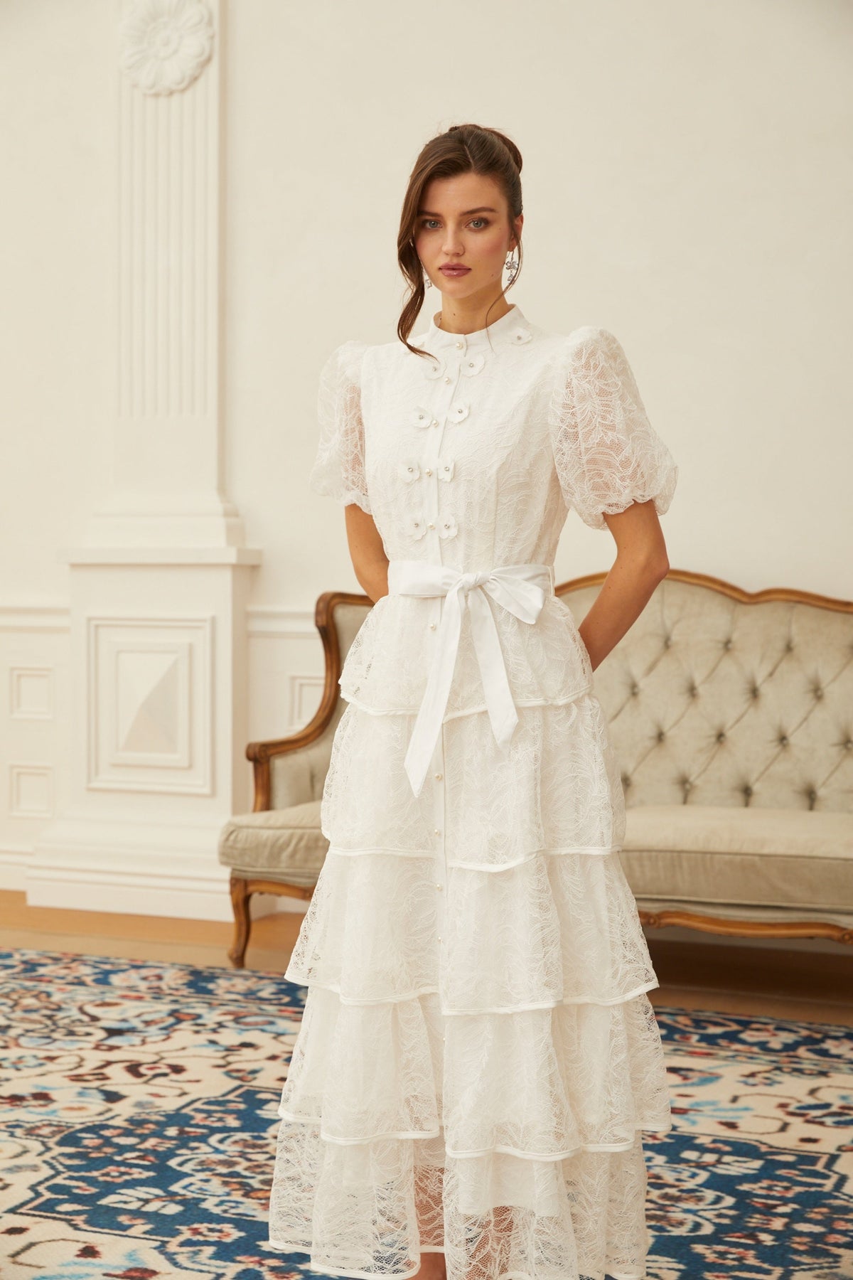 Verity White Floral Lace Tiered Maxi Dress