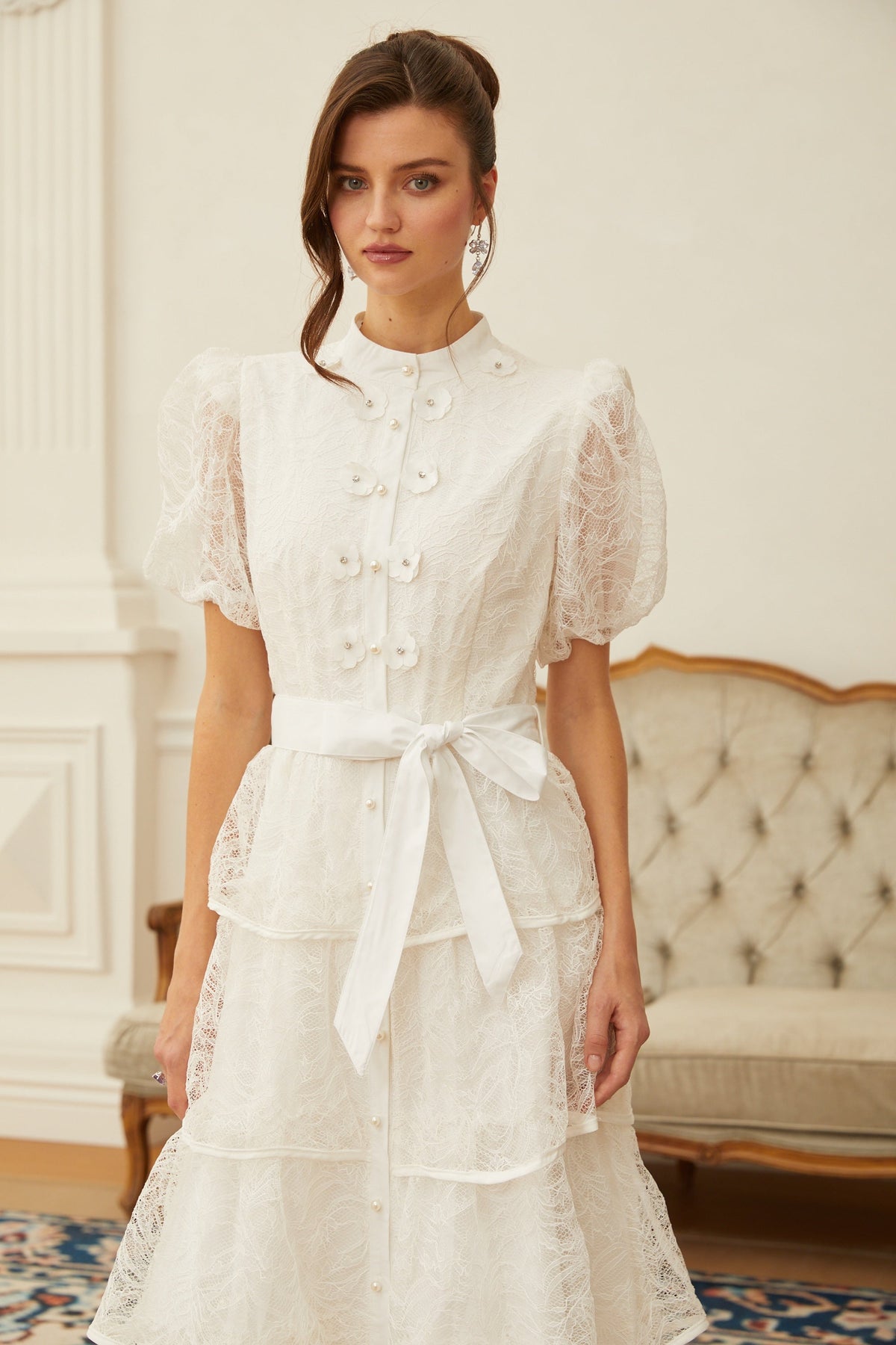 Verity White Floral Lace Tiered Maxi Dress
