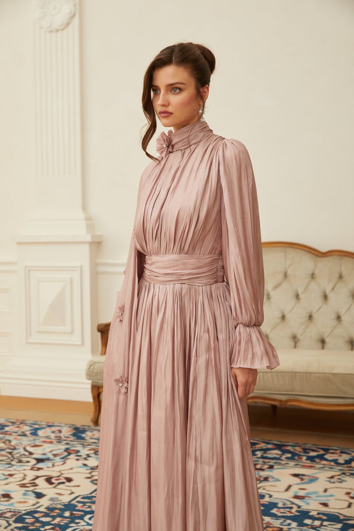Oaklyn Pink Floral Pleated Cape Maxi Dress (Final Sale-US Only)