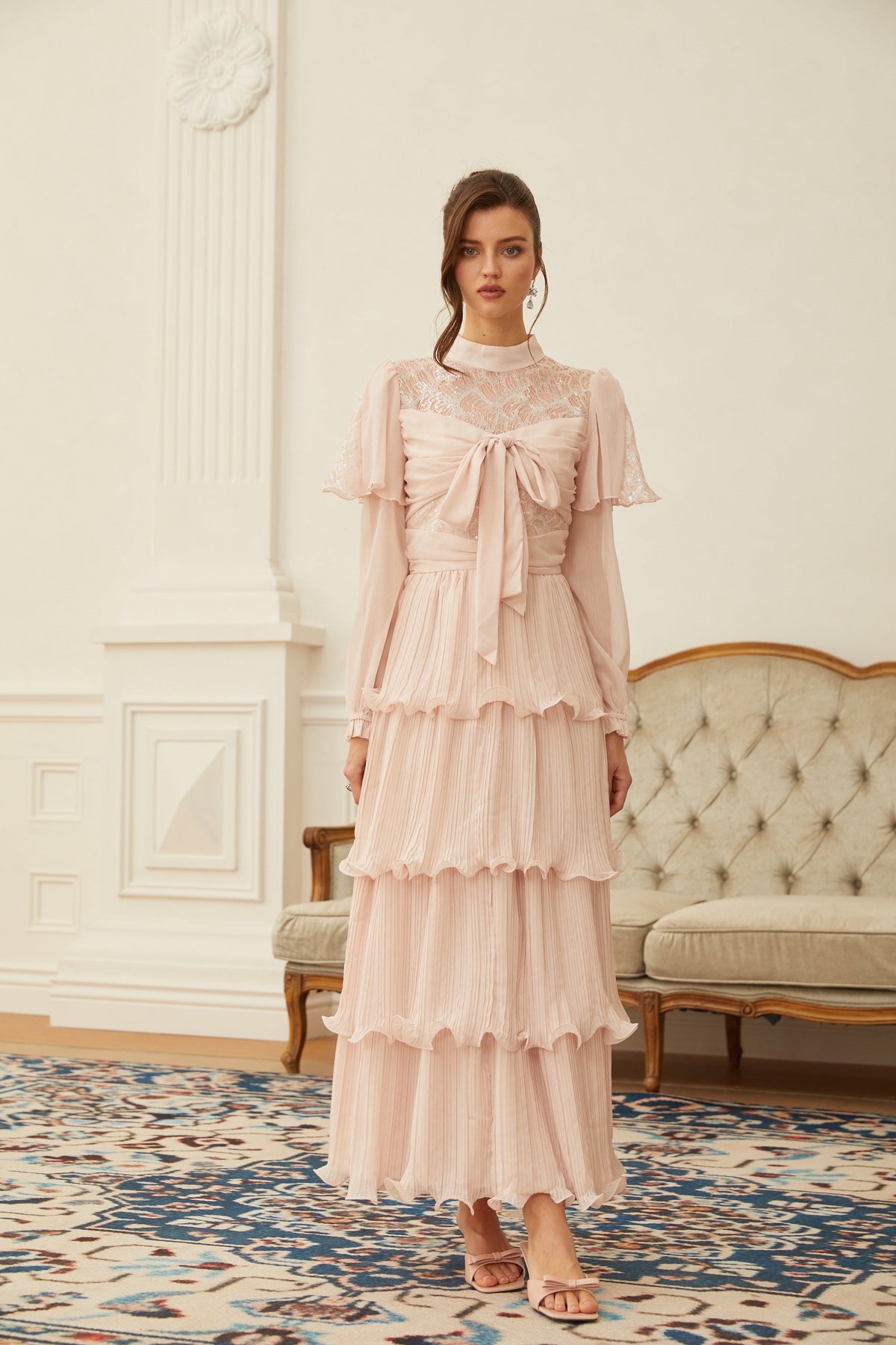 Adelaide Pink Lace Panel Tiered Maxi Dress