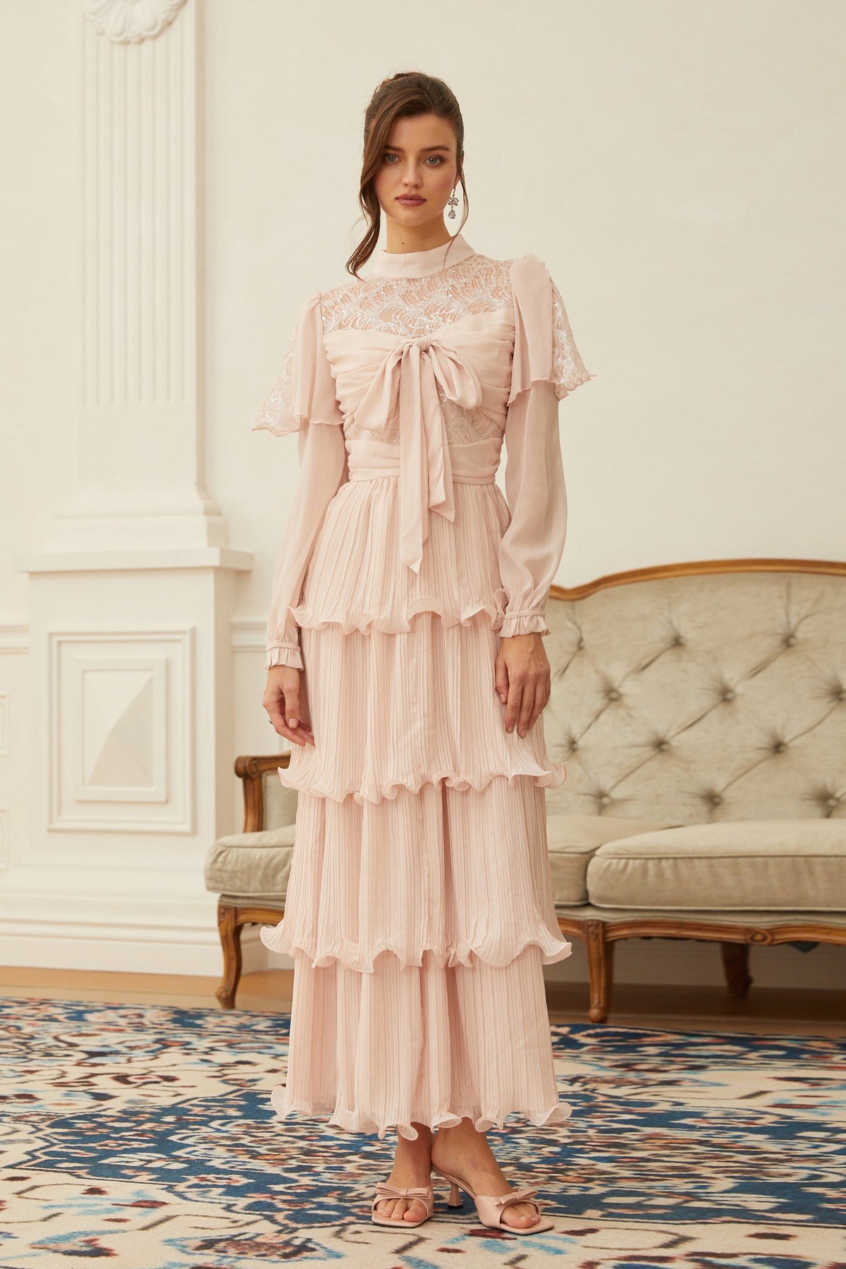 Adelaide Pink Lace Panel Tiered Maxi Dress