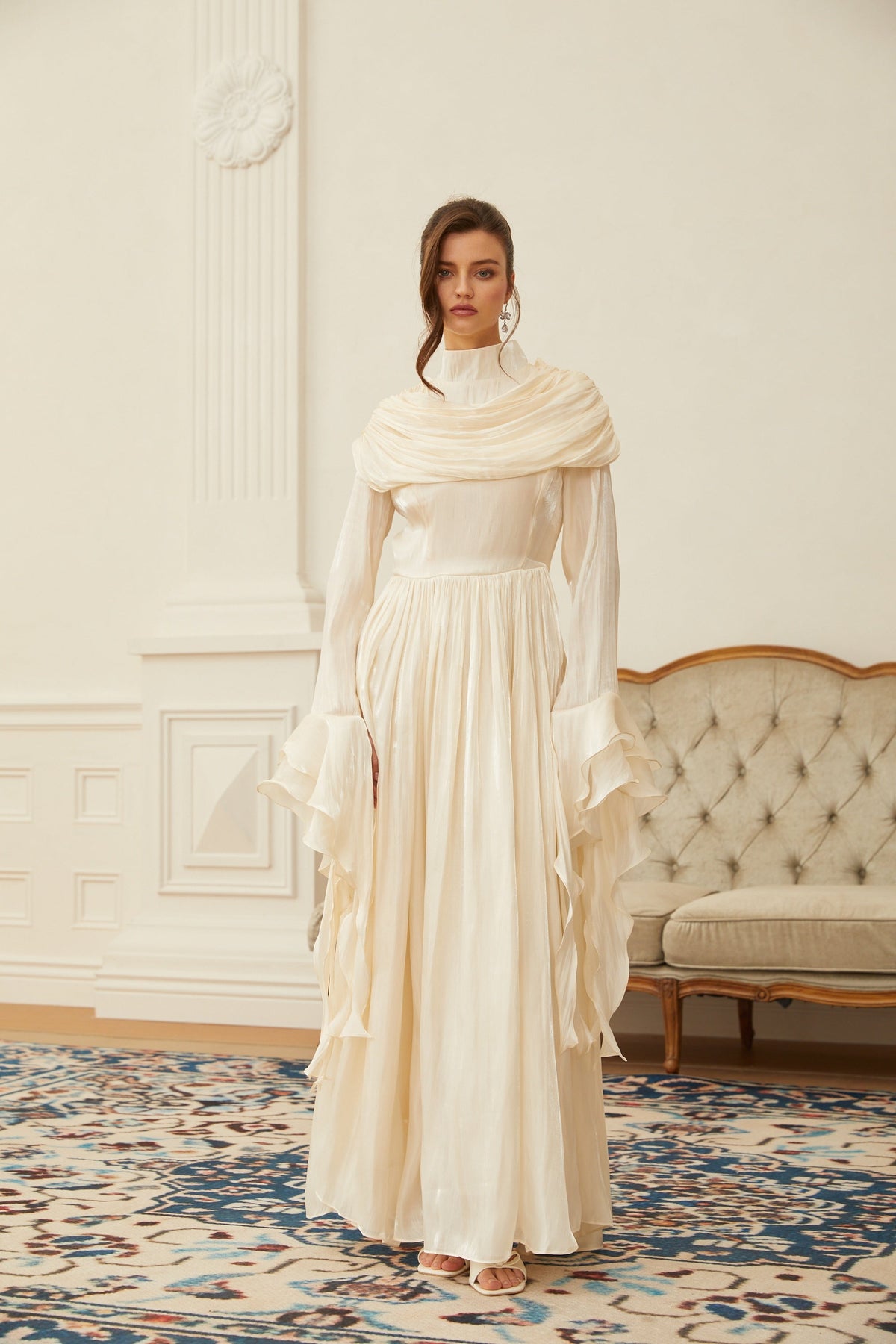 Danuta Neutral Ruched Pleated Maxi Dress (Final Sale-US Only)