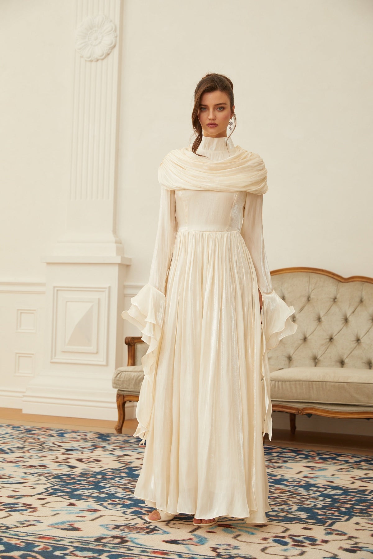 Danuta Neutral Ruched Pleated Maxi Dress (Final Sale-US Only)