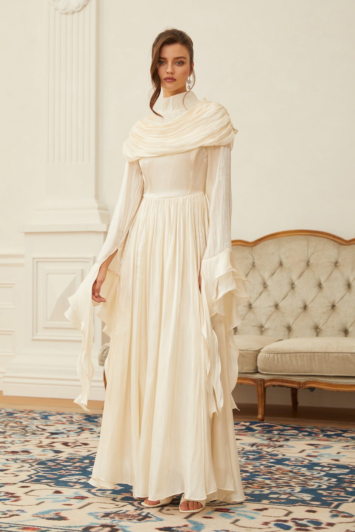 Danuta Neutral Ruched Pleated Maxi Dress