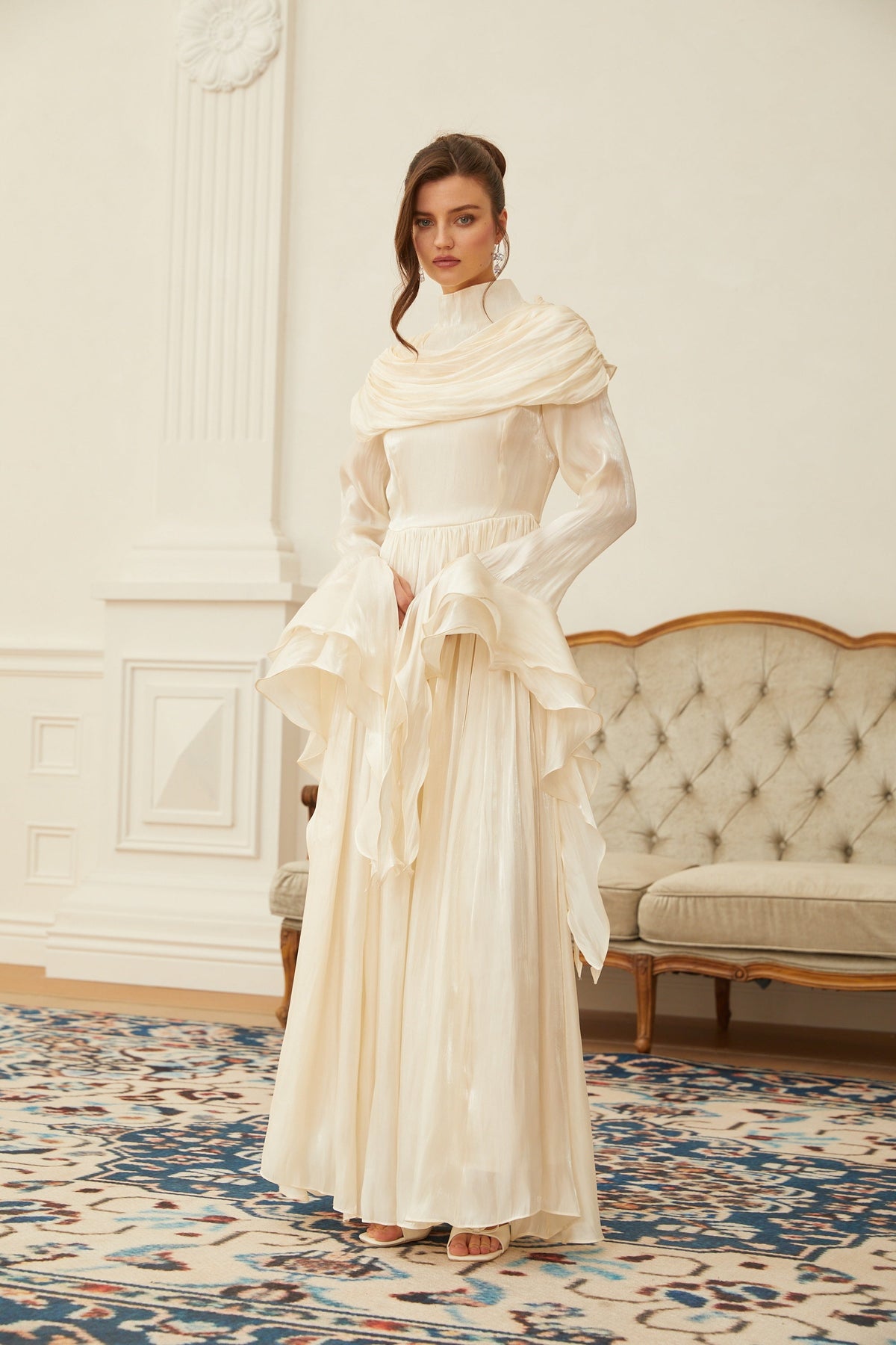 Danuta Neutral Ruched Pleated Maxi Dress