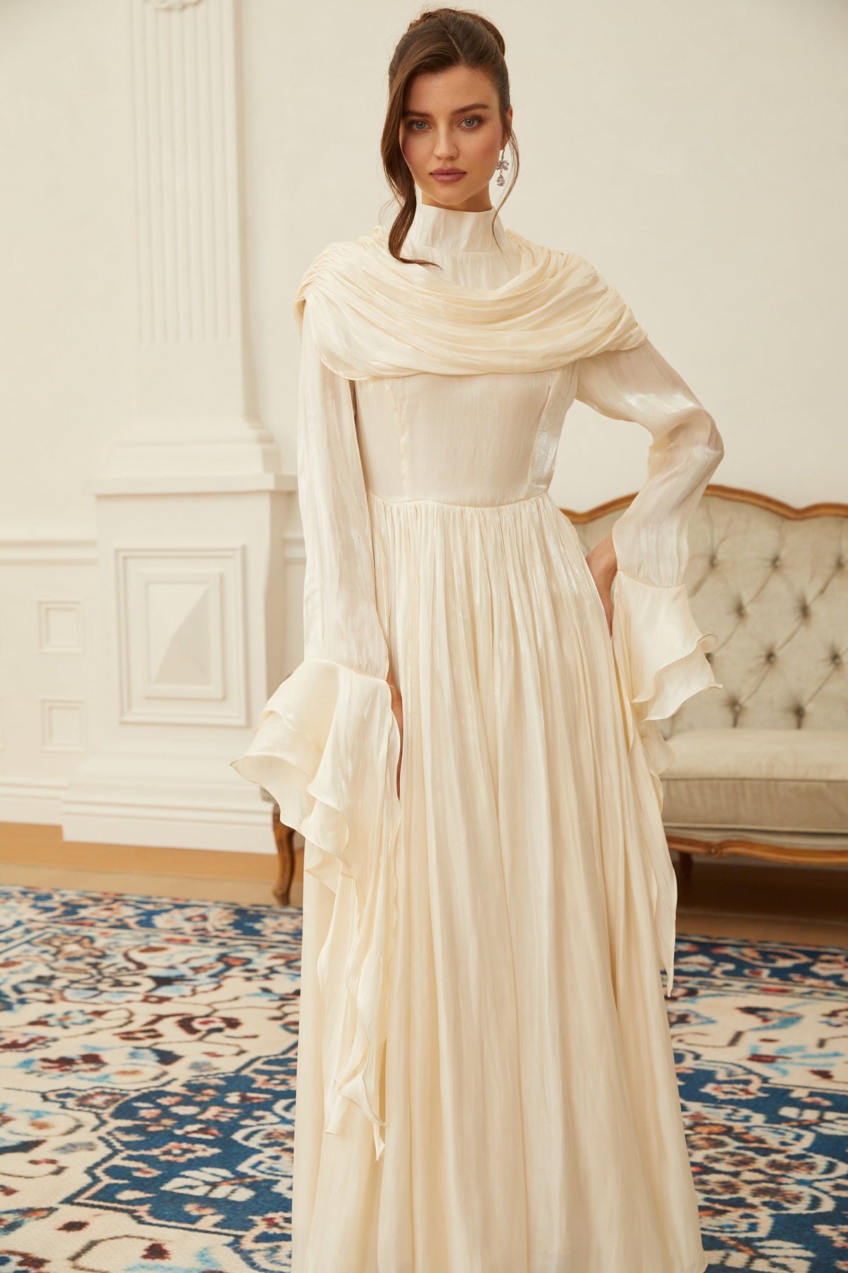Danuta Neutral Ruched Pleated Maxi Dress (Final Sale-US Only)